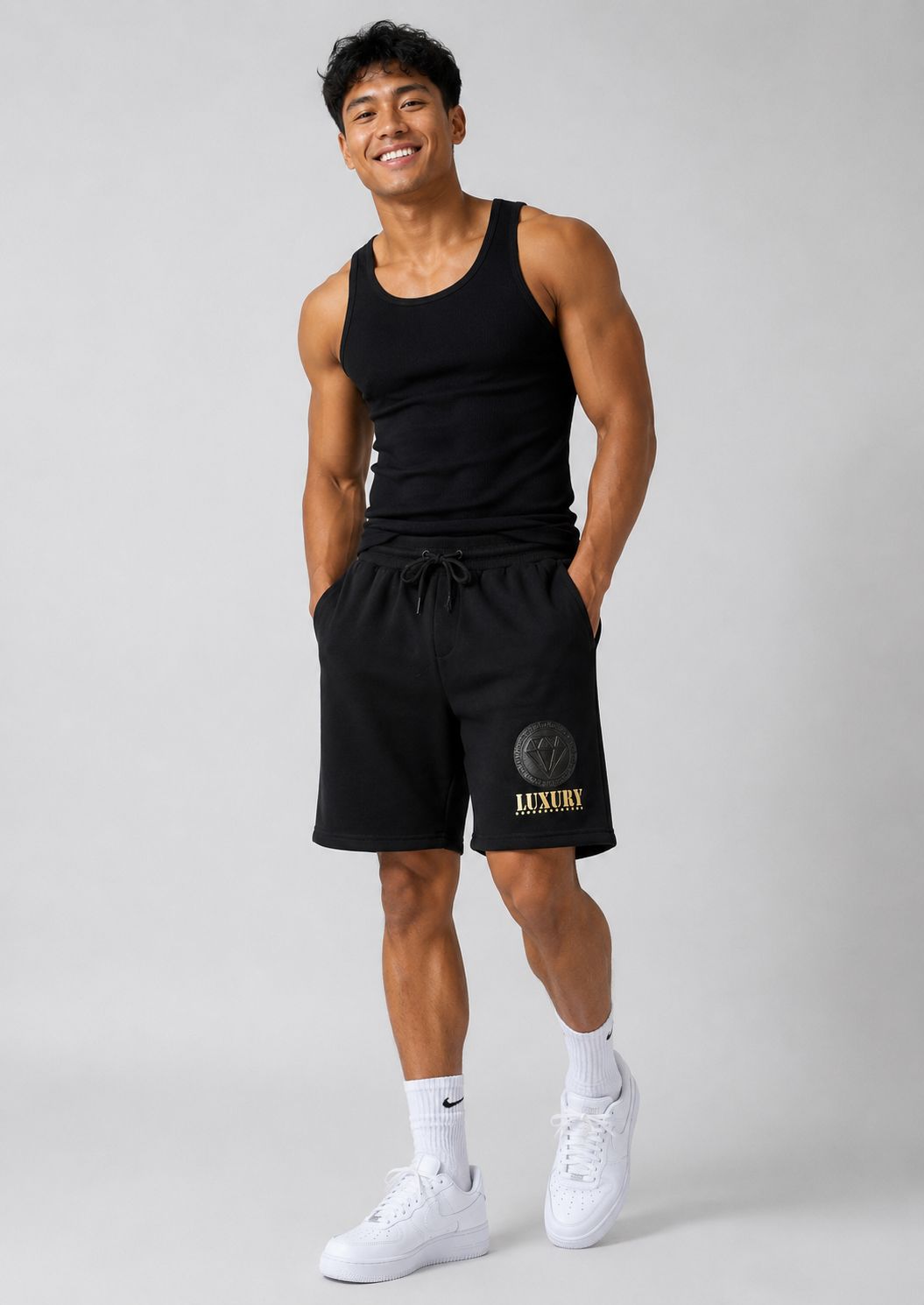 Men’s Luxury Diamond Casual Drawstring Shorts – Black