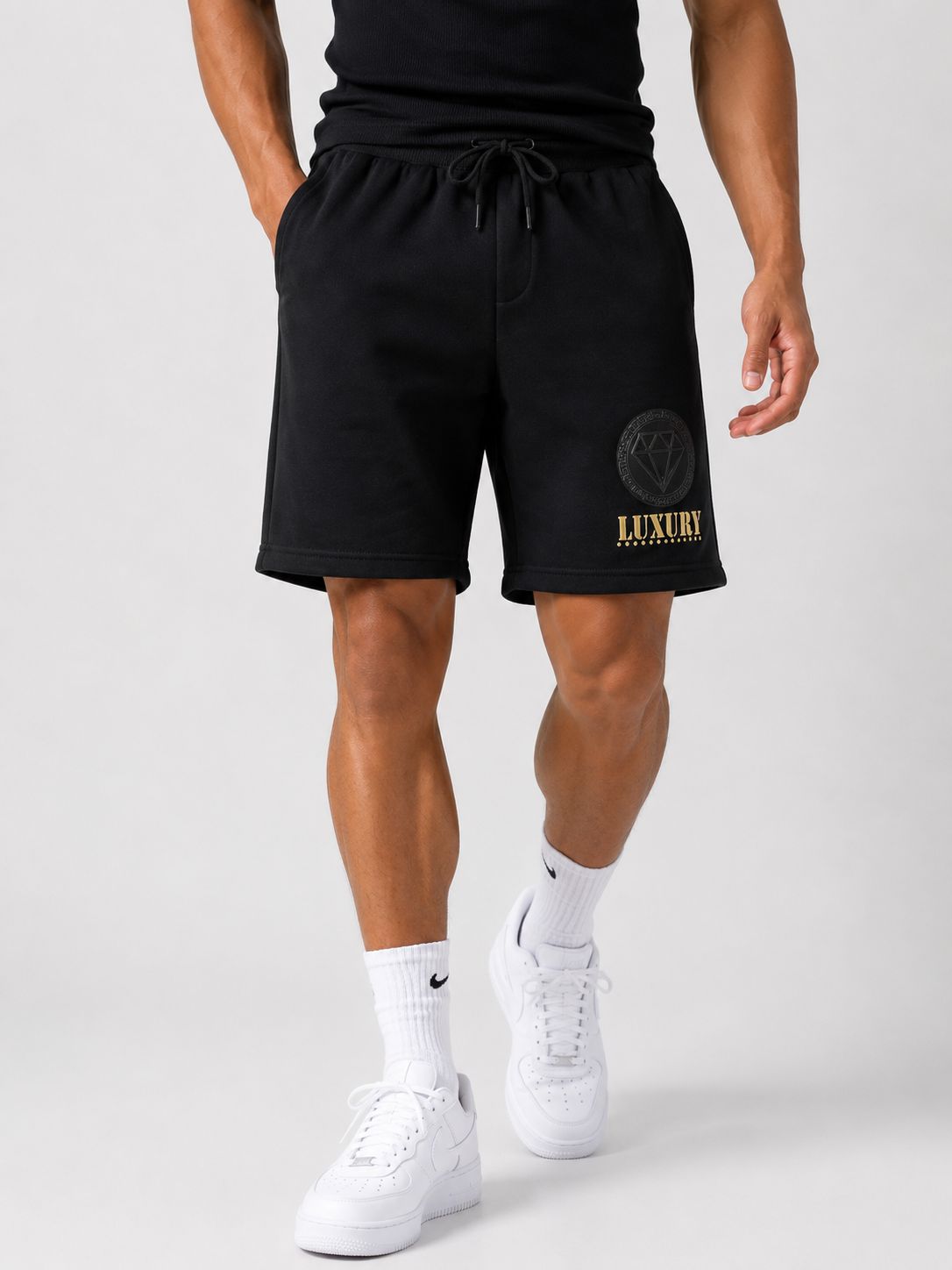 Men’s Luxury Diamond Casual Drawstring Shorts – Black
