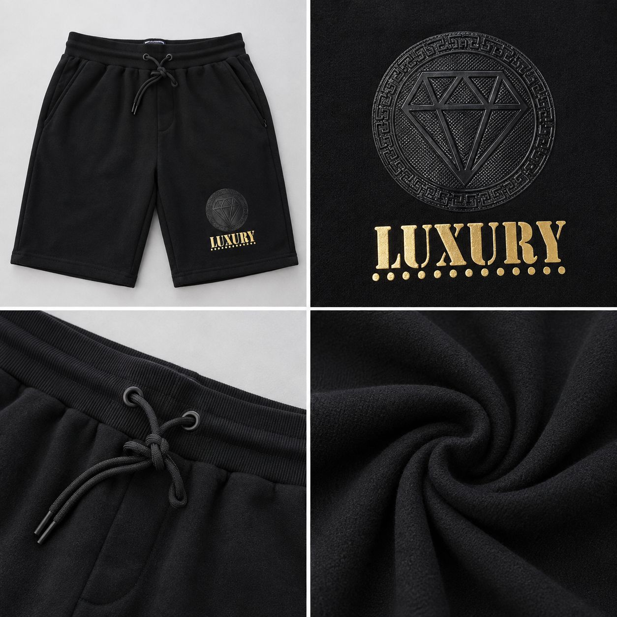 Men’s Luxury Diamond Casual Drawstring Shorts – Black