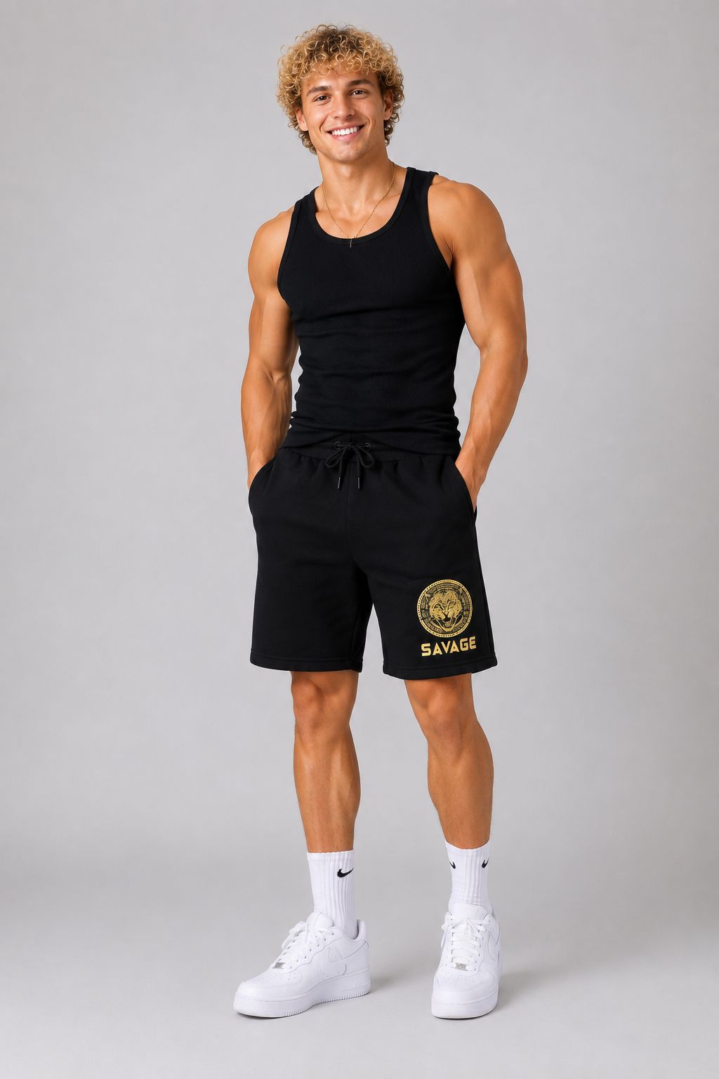 Men’s Savage Leopard Drawstring Shorts – Black