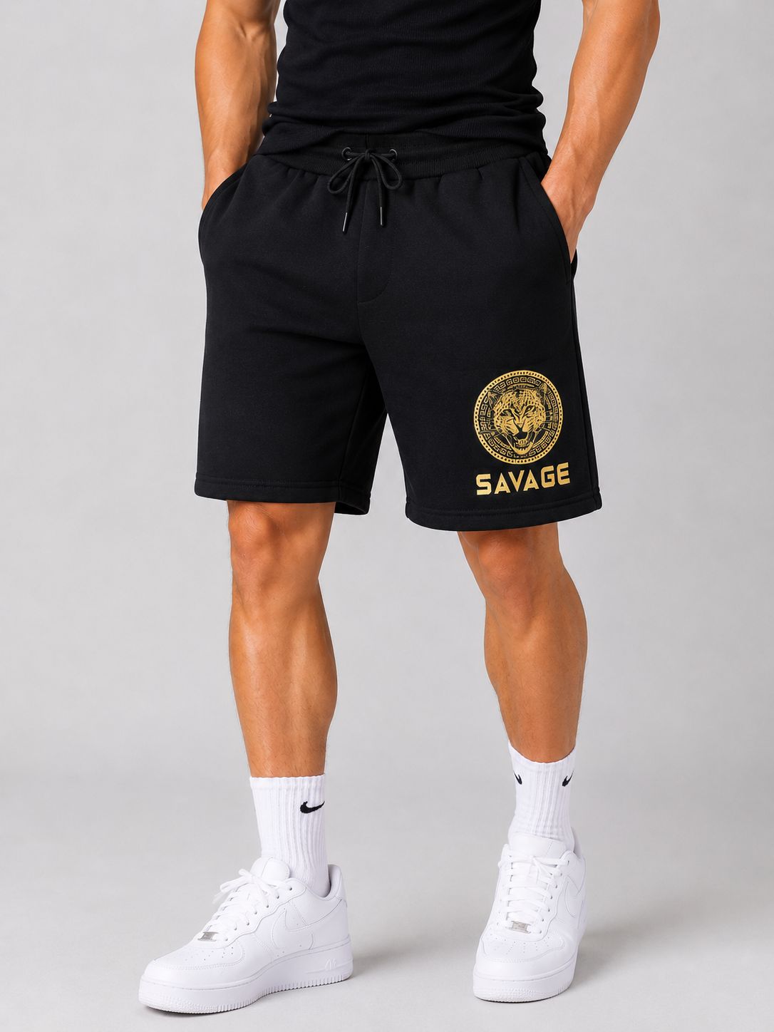 Men’s Savage Leopard Drawstring Shorts – Black