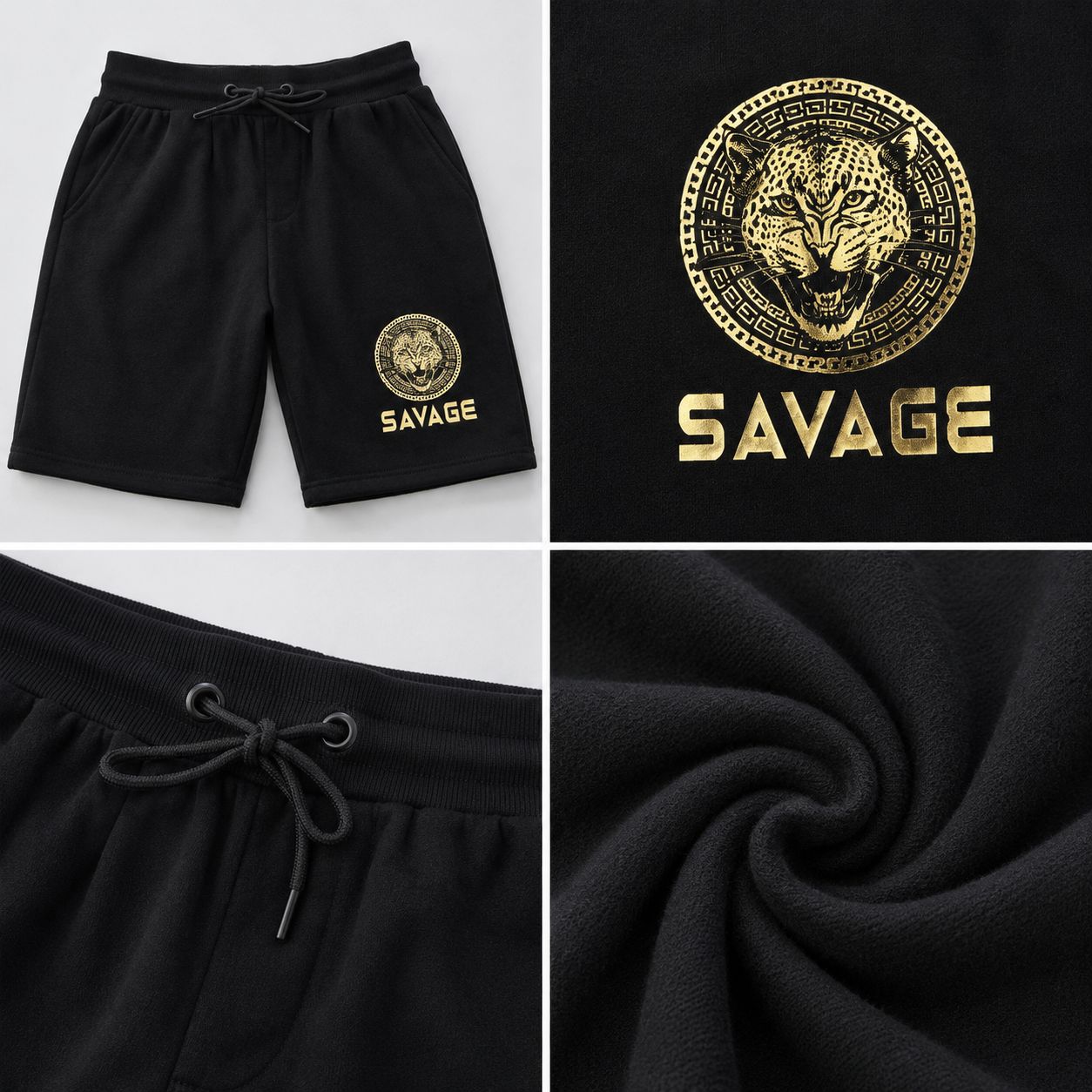 Men’s Savage Leopard Drawstring Shorts – Black