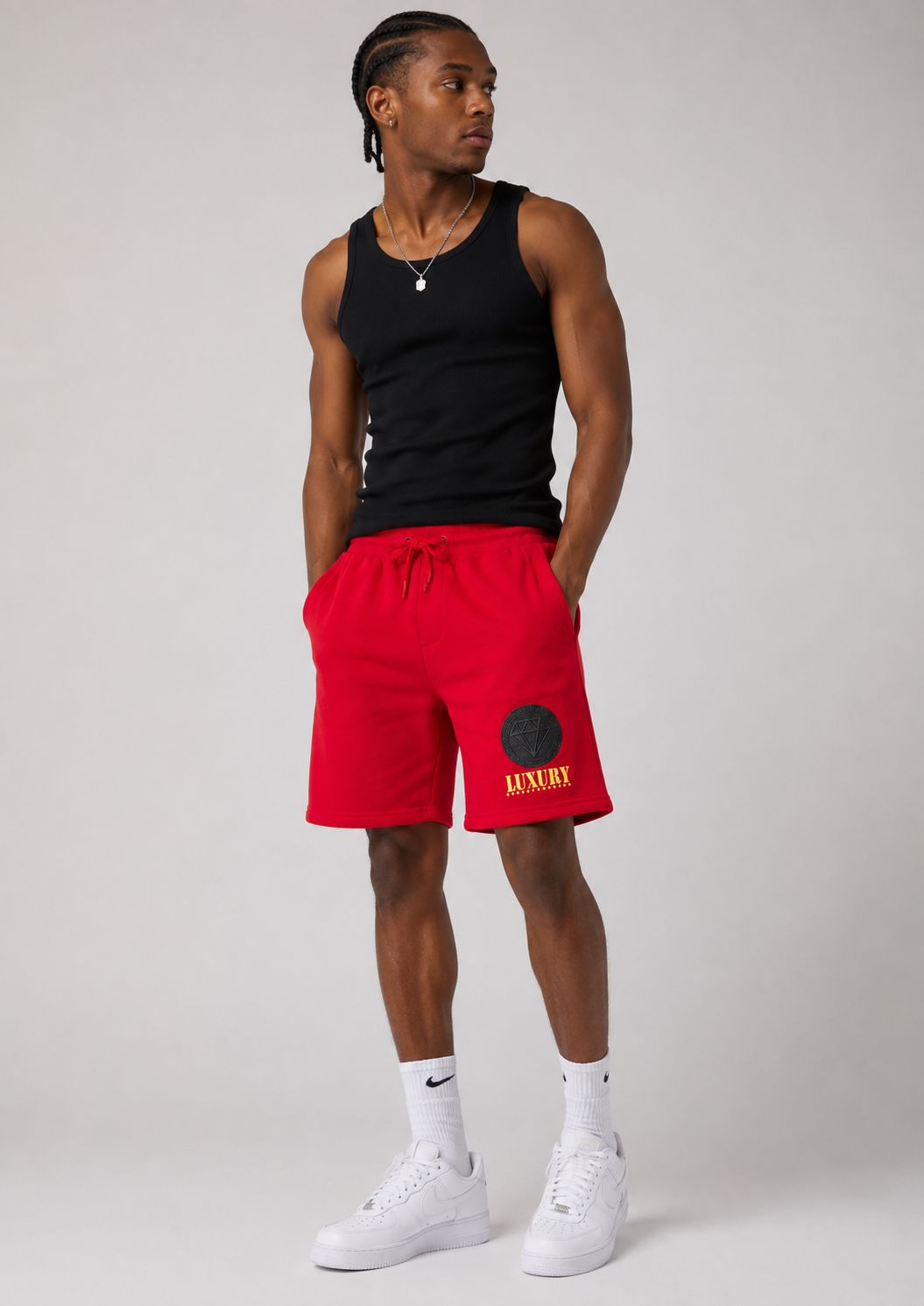 Men’s Luxury Diamond Casual Drawstring Shorts – Red
