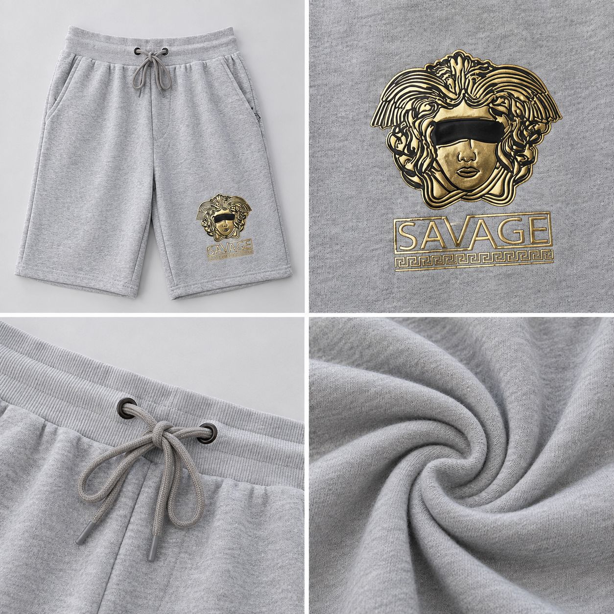 Men’s Savage Medusa Embossed Drawstring Shorts – Light Grey