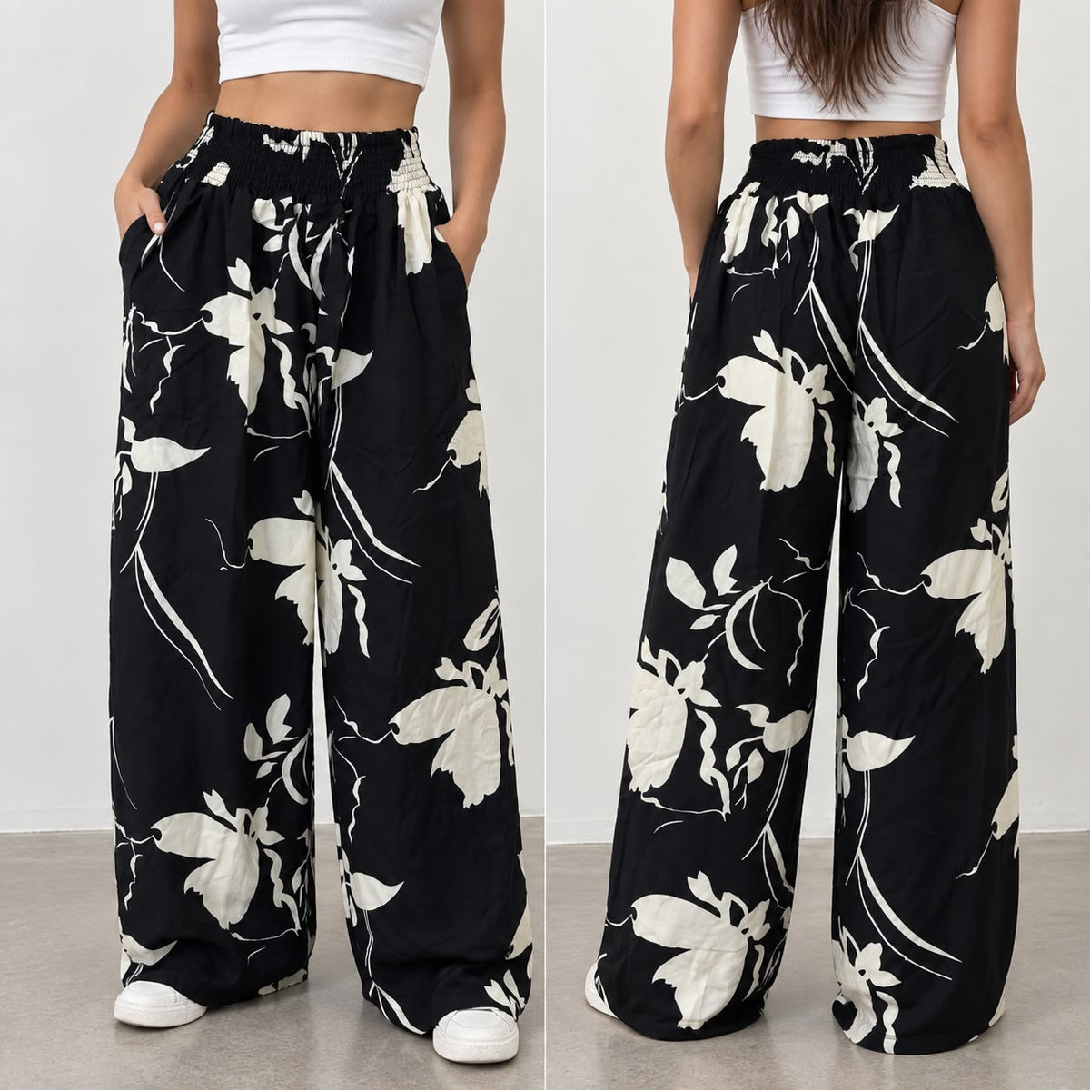 Women’s Tropical Print Wide-Leg Bali Pants – Free Size