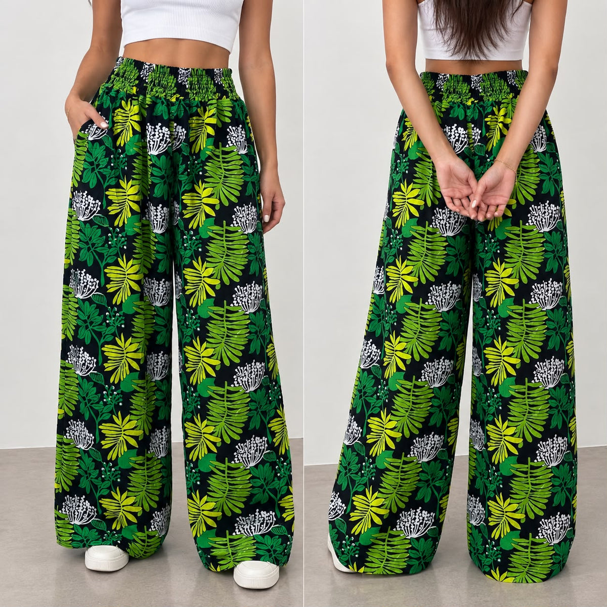 Women’s Tropical Print Wide-Leg Bali Pants – Free Size