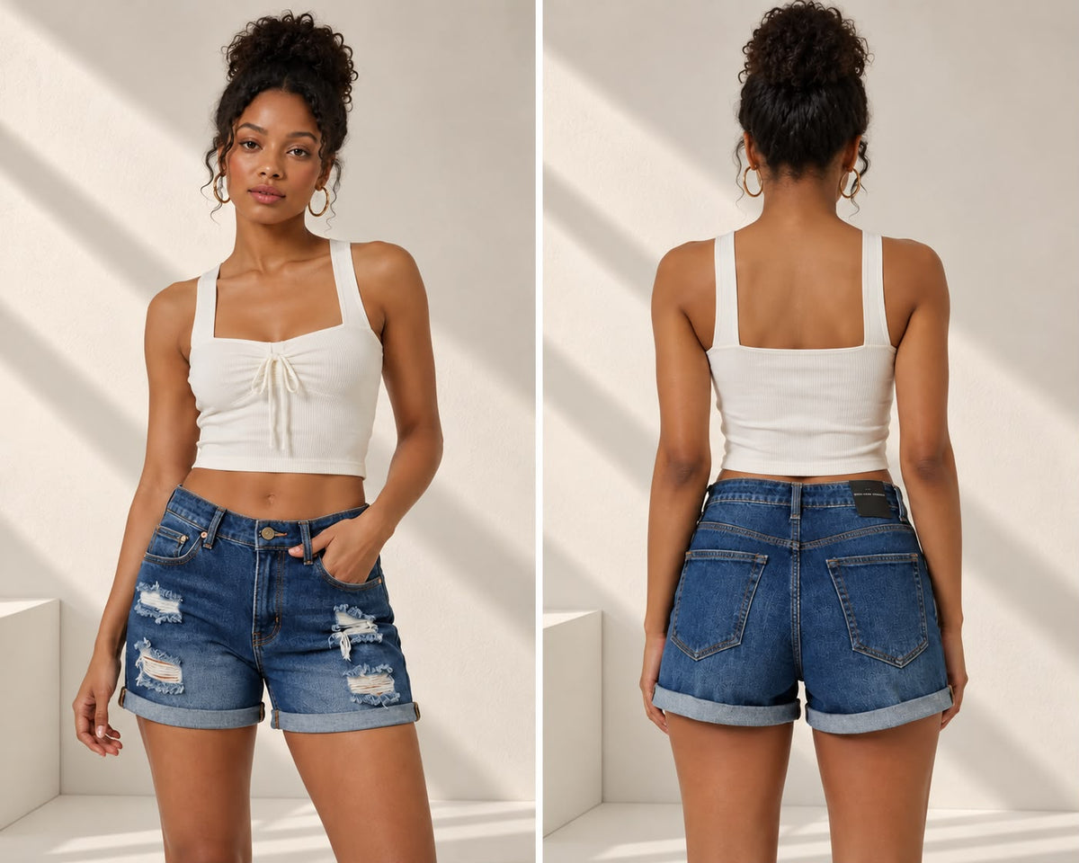 High-Waist Distressed Cuffed Denim Shorts