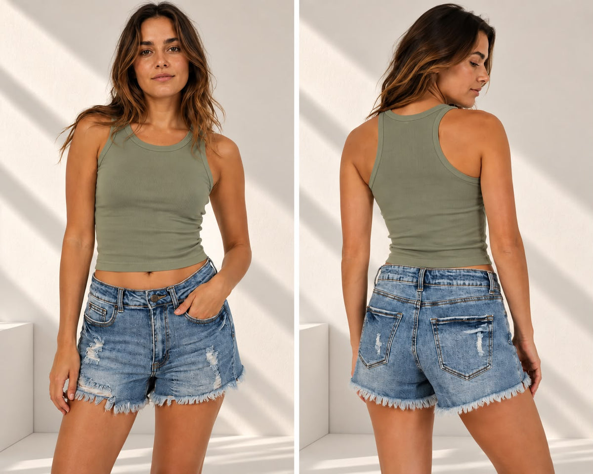 Light Wash Distressed Denim Shorts | High Rise Frayed Hem Shorts