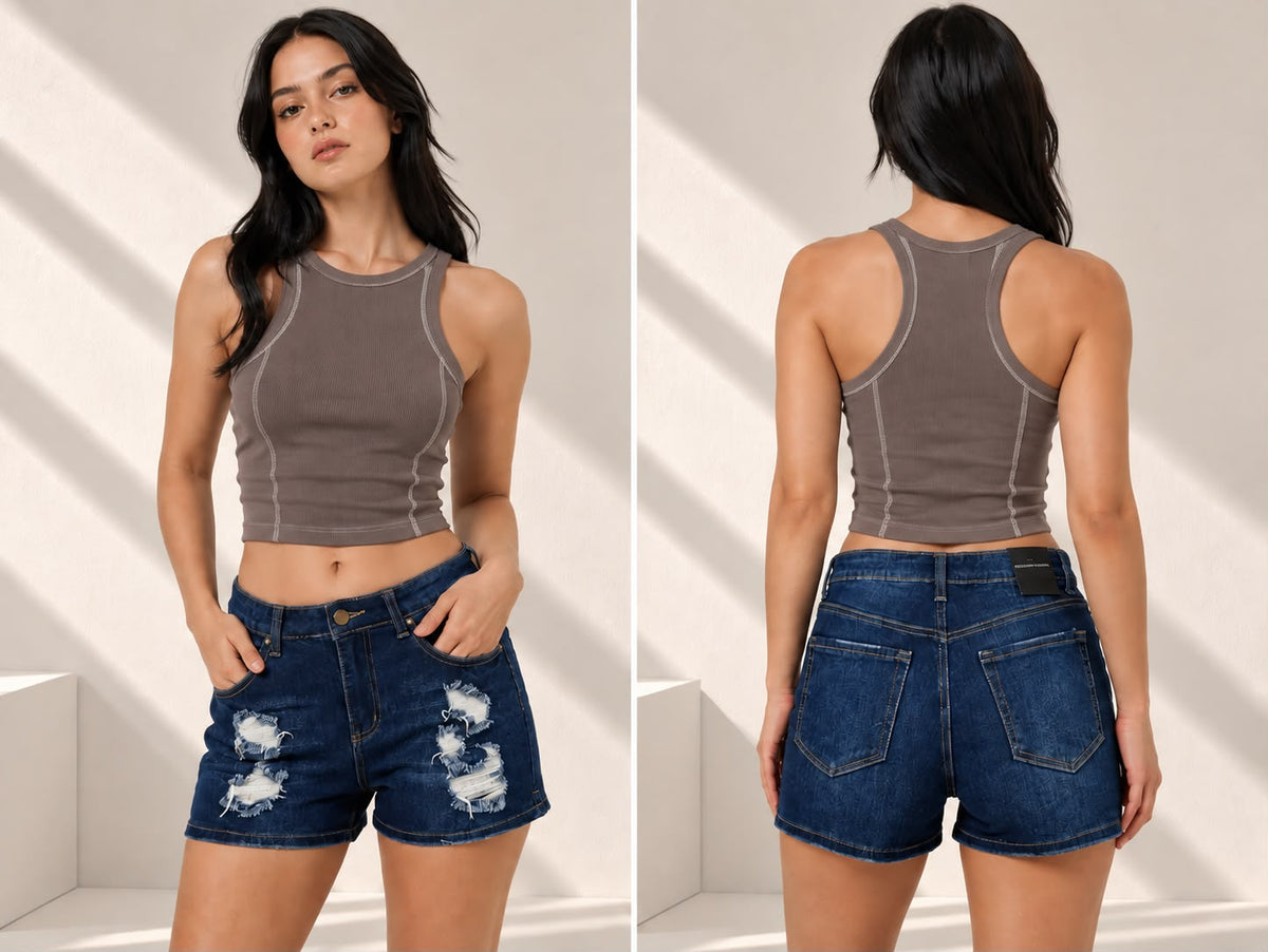 High-Waist Distressed Denim Shorts