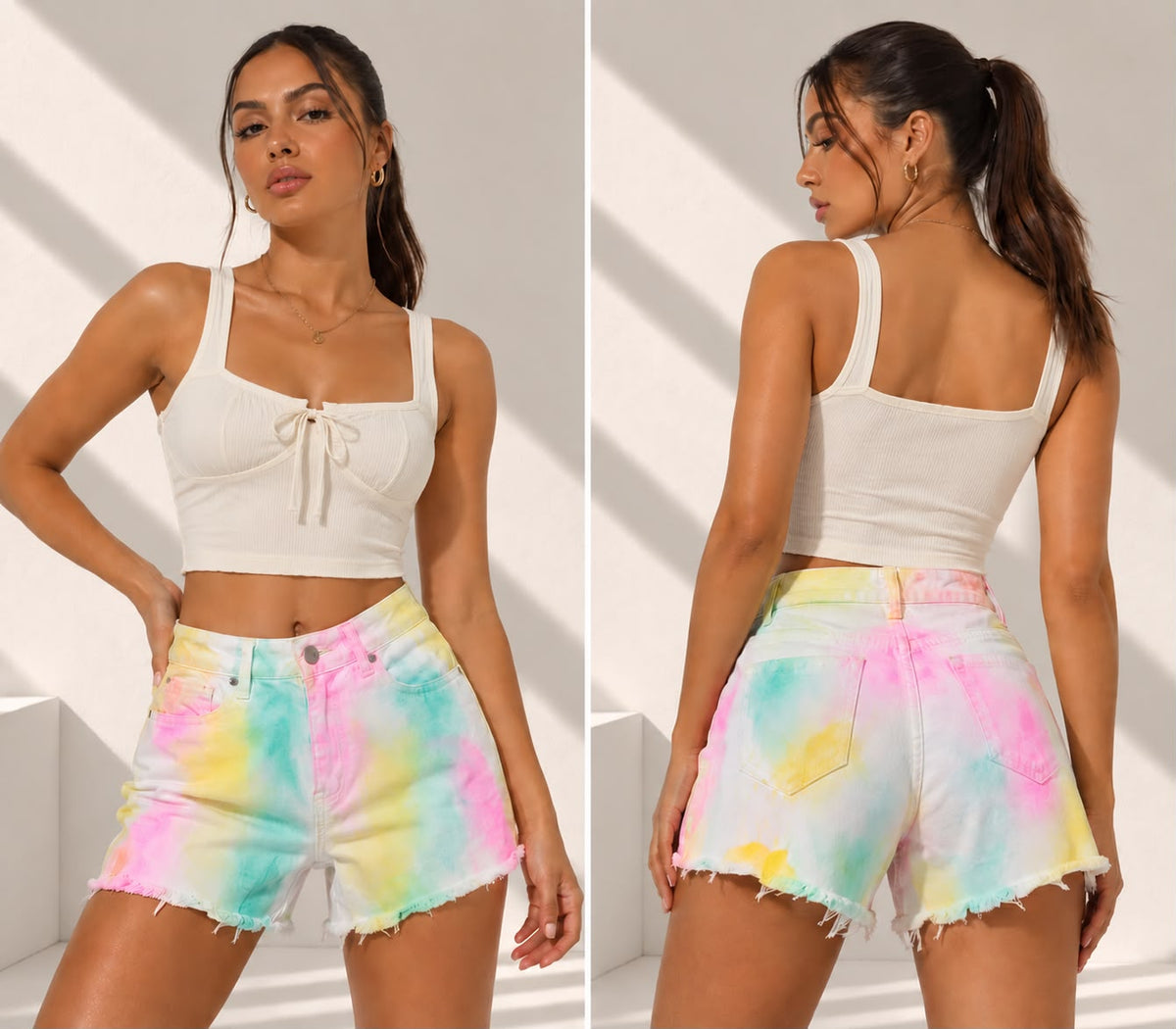 High-Waist Multicolor Tie-Dye Denim Shorts