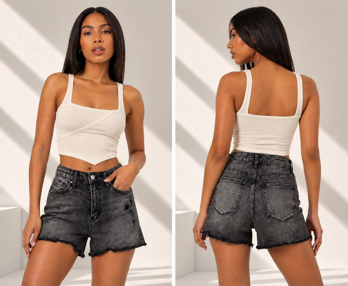 High-Waist Washed Distressed Denim Shorts