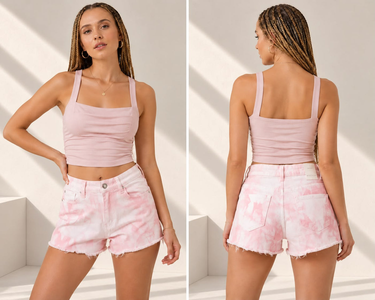 High-Waist Pink Tie-Dye Denim Shorts