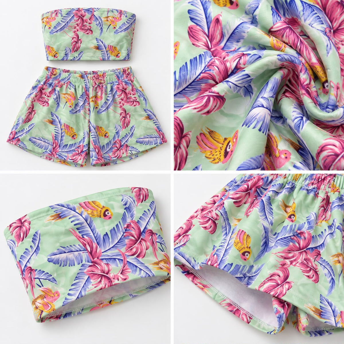 Pink Flamingo Print Tube Top & Shorts Set