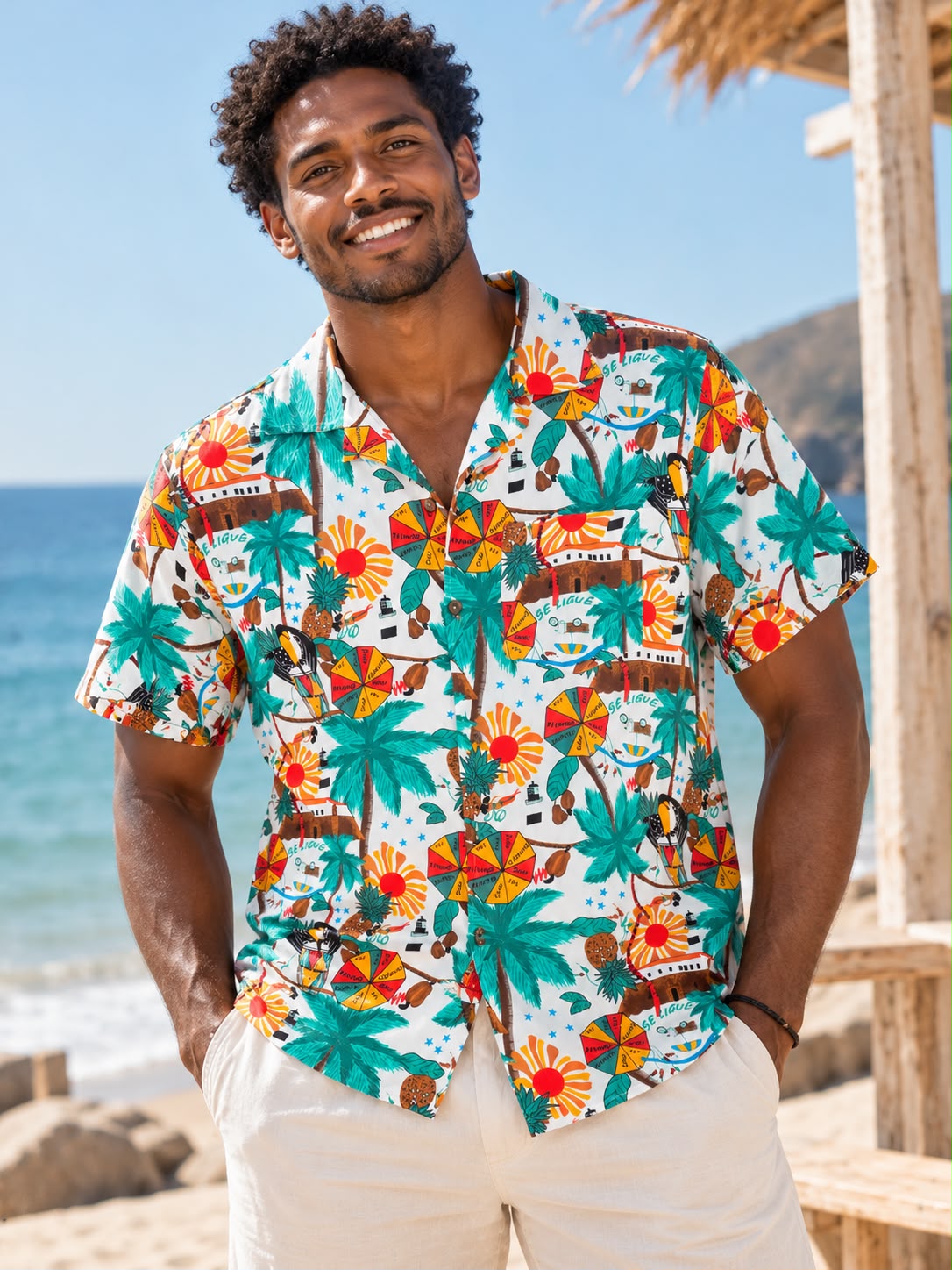Men’s Tropical Palm Print Beach Shirt – White & Multicolor