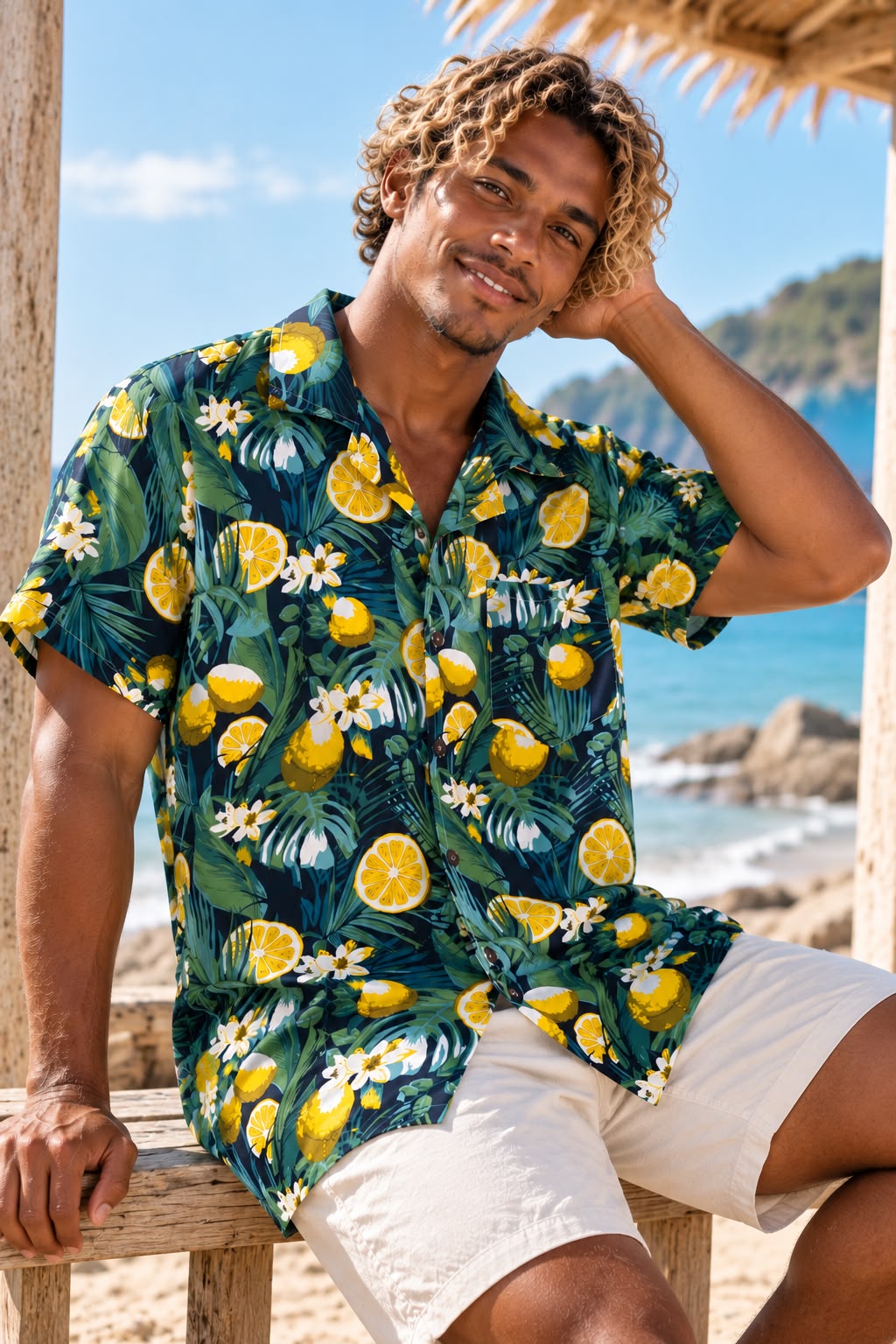 Men’s Tropical Lemon Print Beach Shirt – Navy