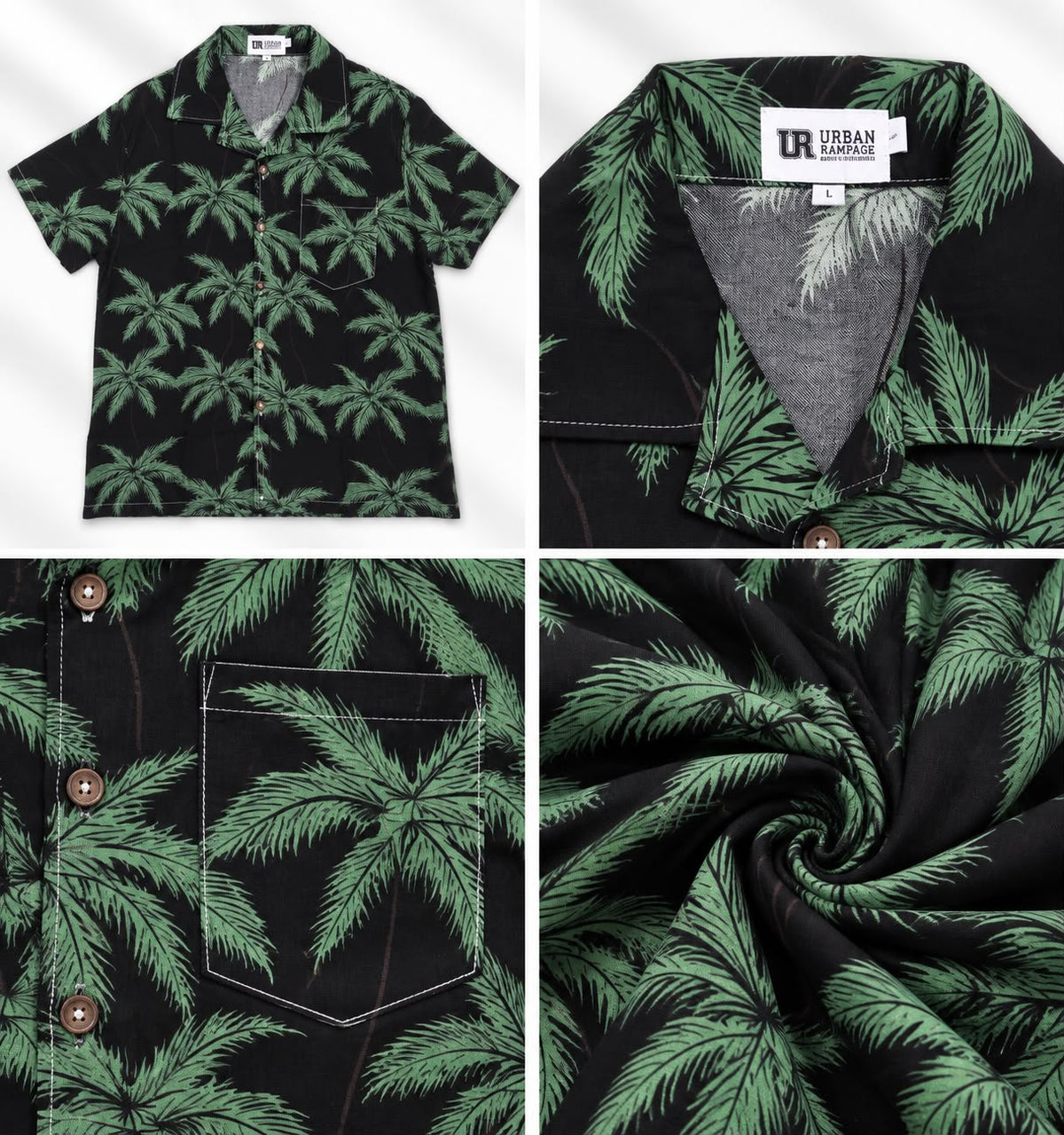 Men’s Green Palm Tree Print Beach Shirt – Black