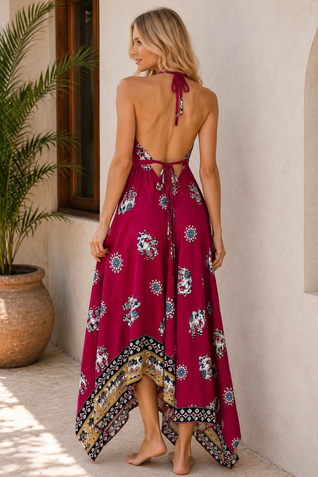 Ladies Fuschsia Elephant Paradise Halter Maxi Dress