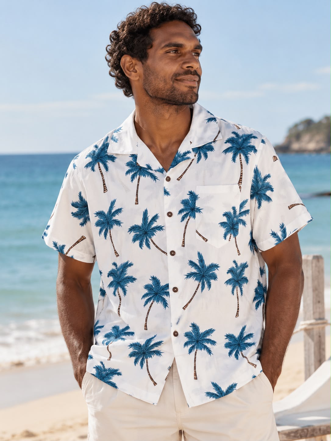 Men’s Blue Palm Tree Print Beach Shirt – White