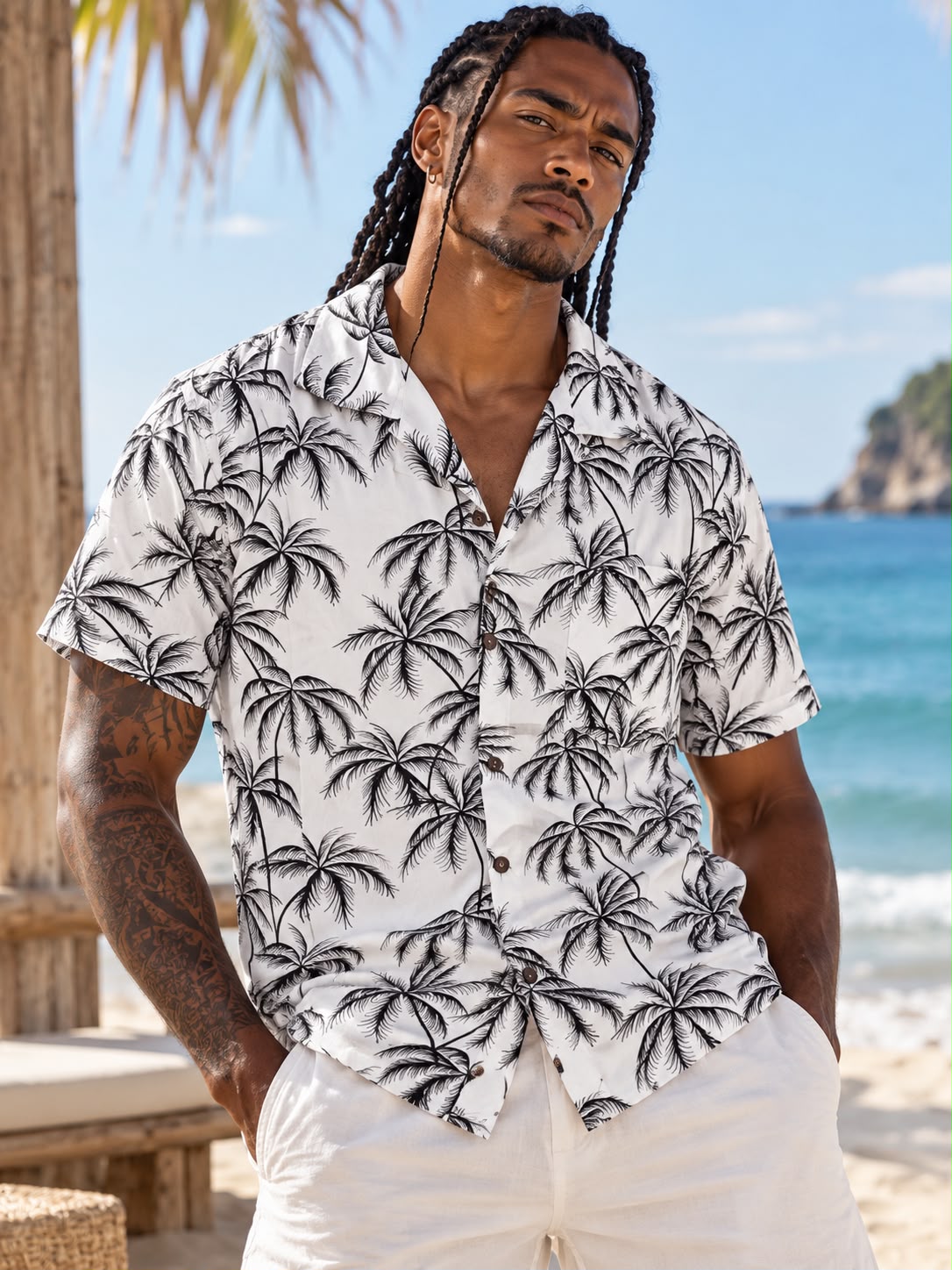 Men’s Palm Tree Print Beach Shirt – Black & White