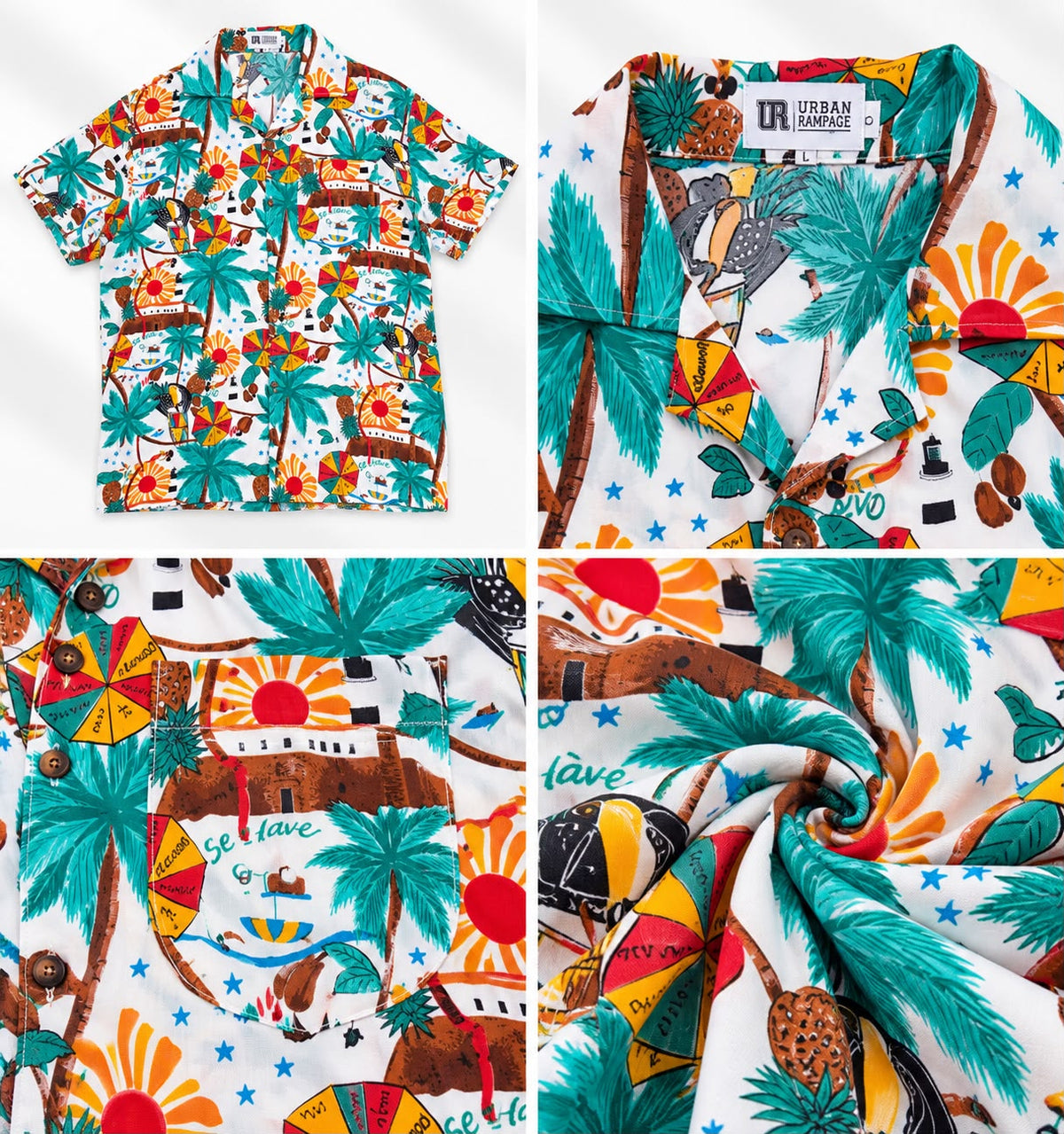 Men’s Tropical Palm Print Beach Shirt – White & Multicolor