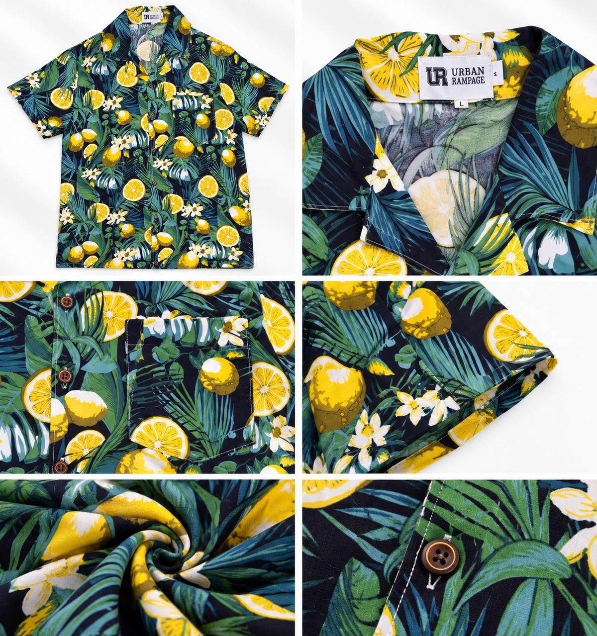 Men’s Tropical Lemon Print Beach Shirt – Navy