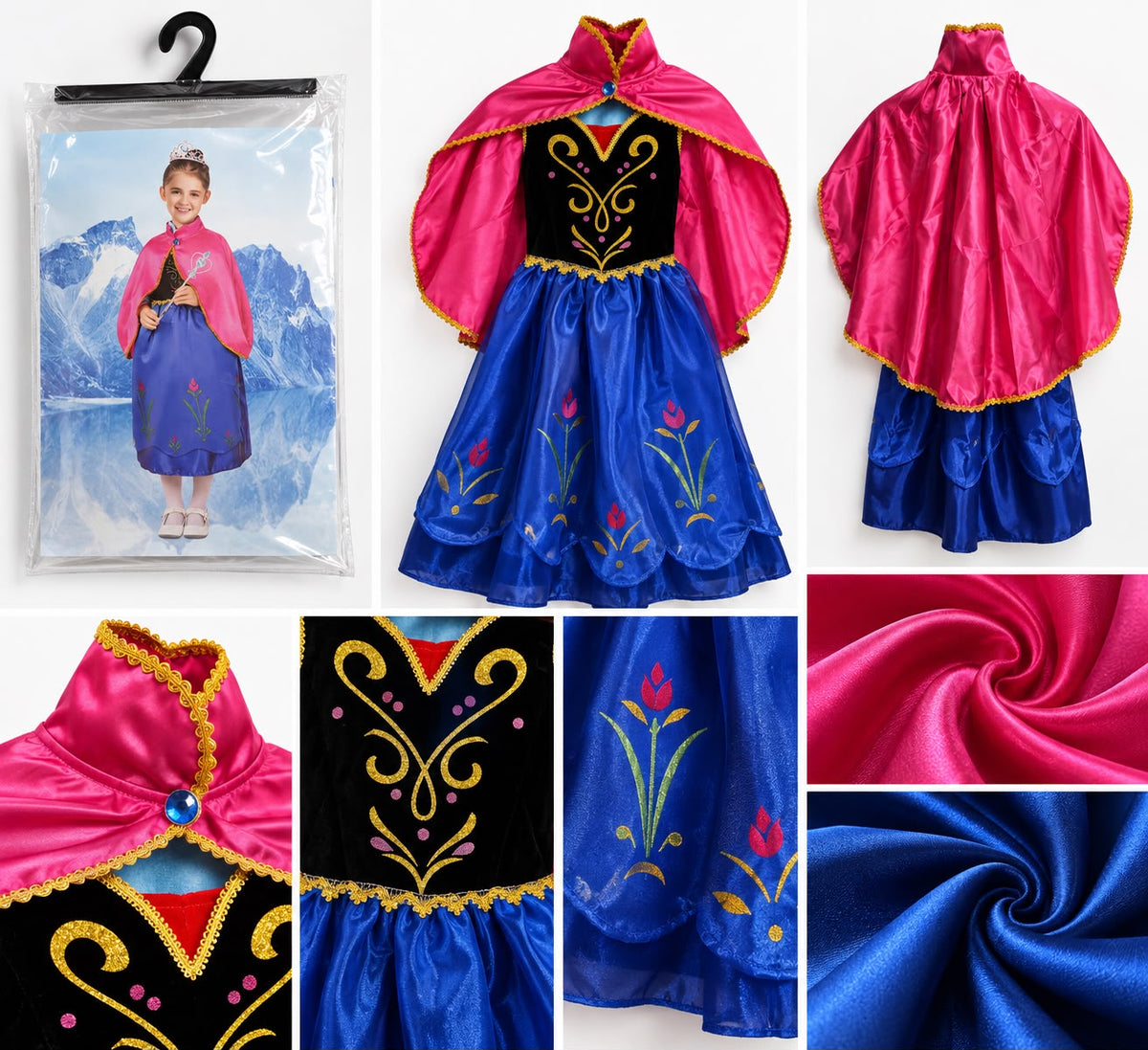 Kids’ Frozen Anna Princess Costume Dress with Cape – Blue & Pink