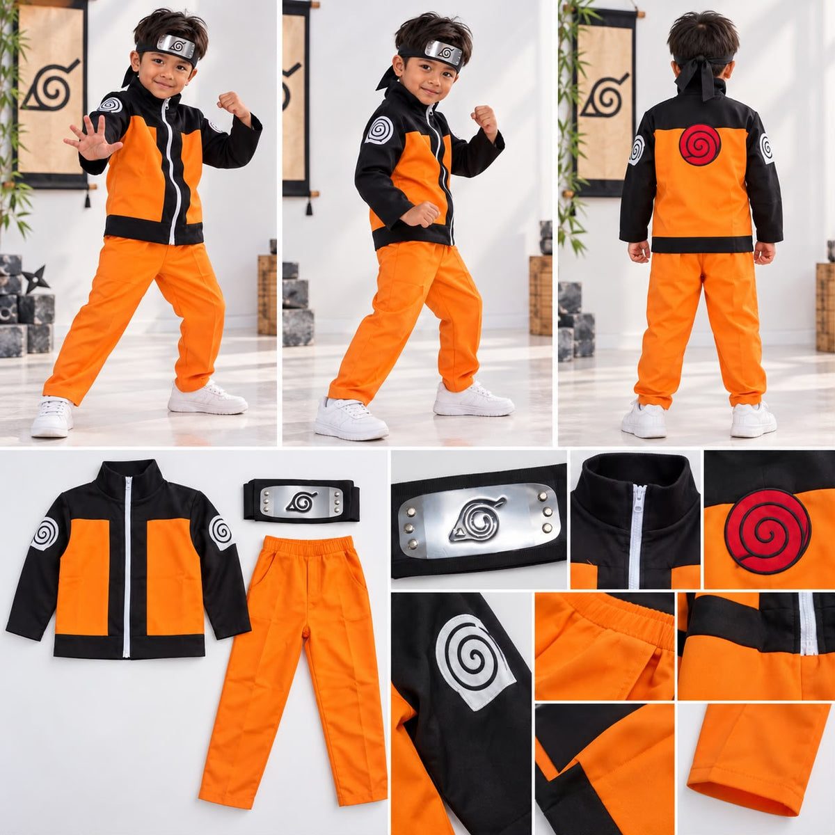 Kids’ Naruto Costume Set with Headband – Orange & Black
