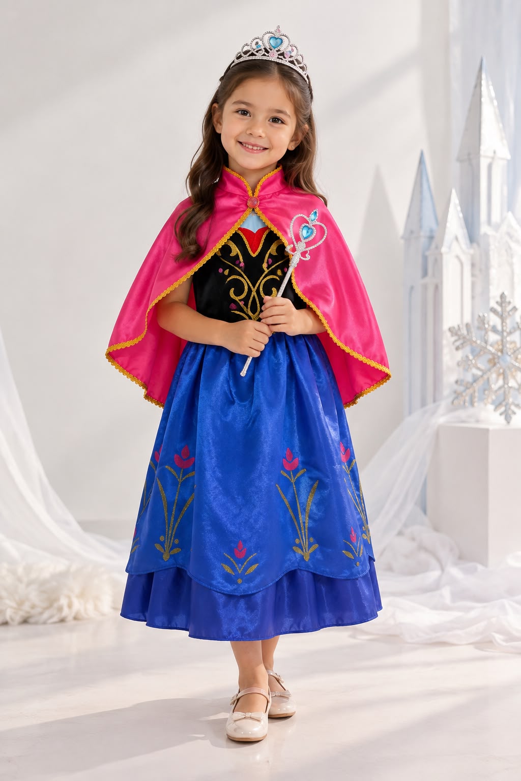 Kids’ Frozen Anna Princess Costume Dress with Cape – Blue & Pink