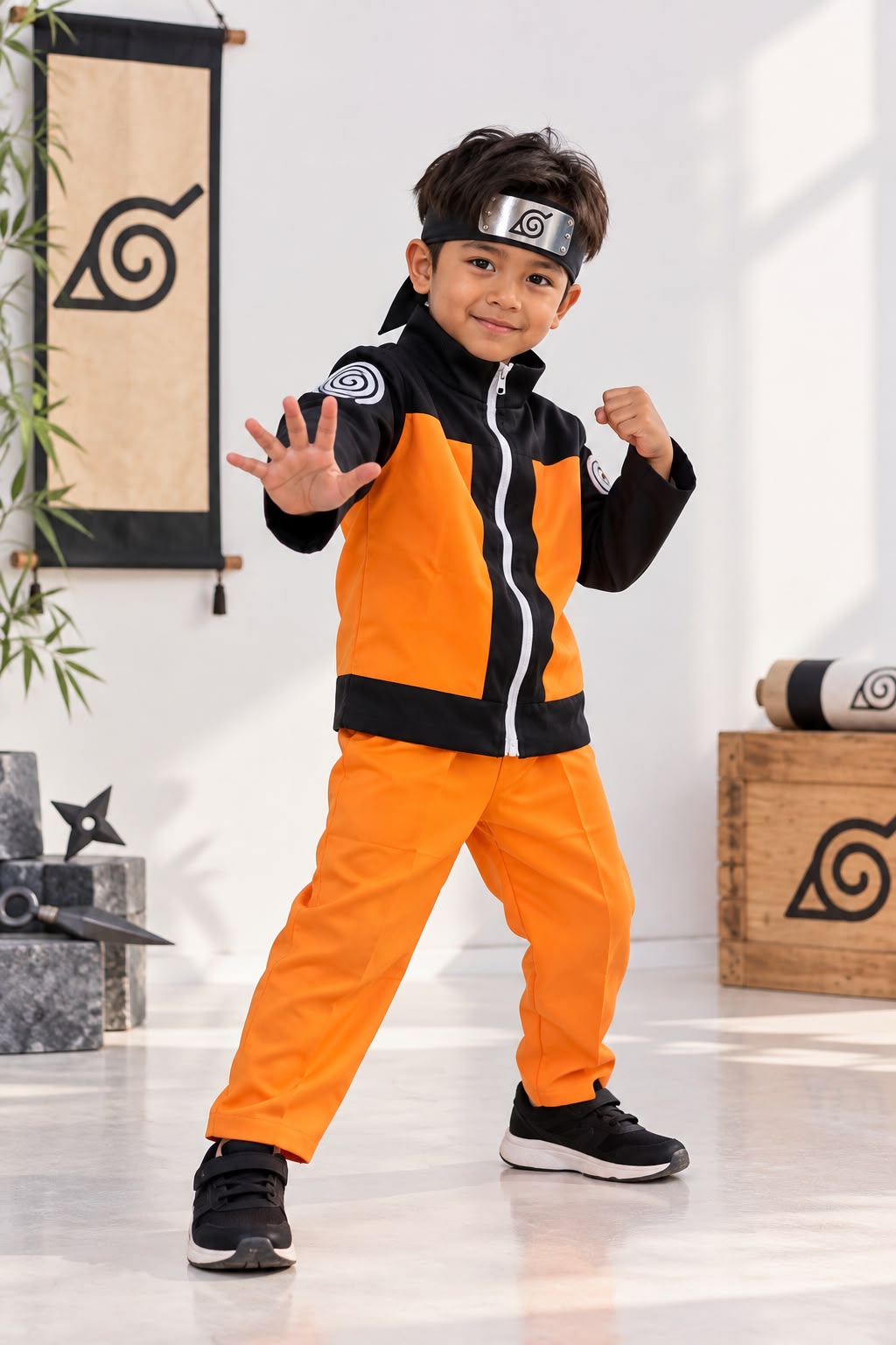 Kids’ Naruto Costume Set with Headband – Orange & Black