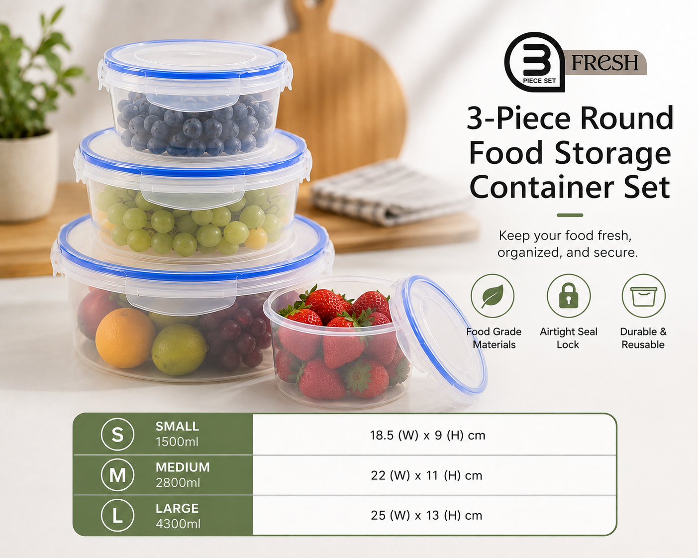3-Piece Round Plastic Food Storage Container Set – 2179019