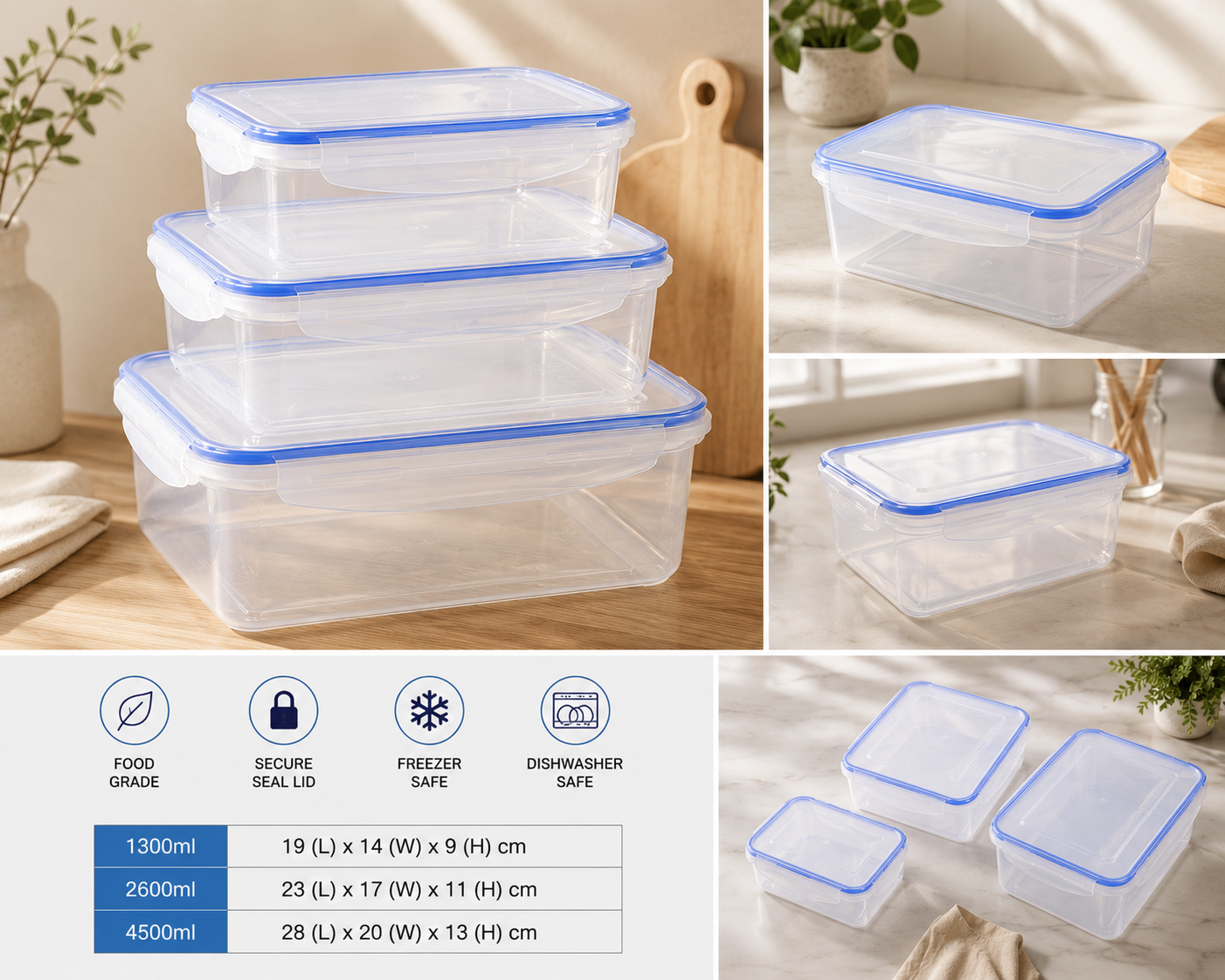 3-Piece Rectangle Food Storage Container Set – 1300ml, 2600ml & 4500ml