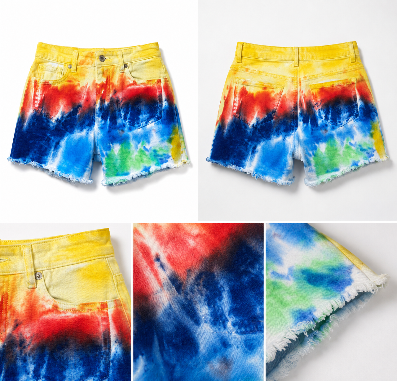High-Waist Multicolor Tie-Dye Denim Shorts