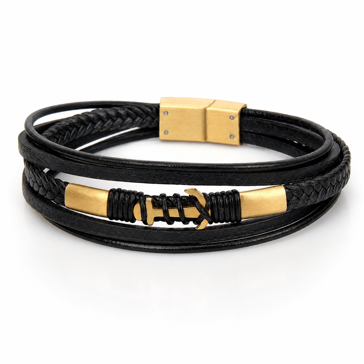 Men's Black Leather Wrap Bracelet with Gold-Tone Anchor Charm