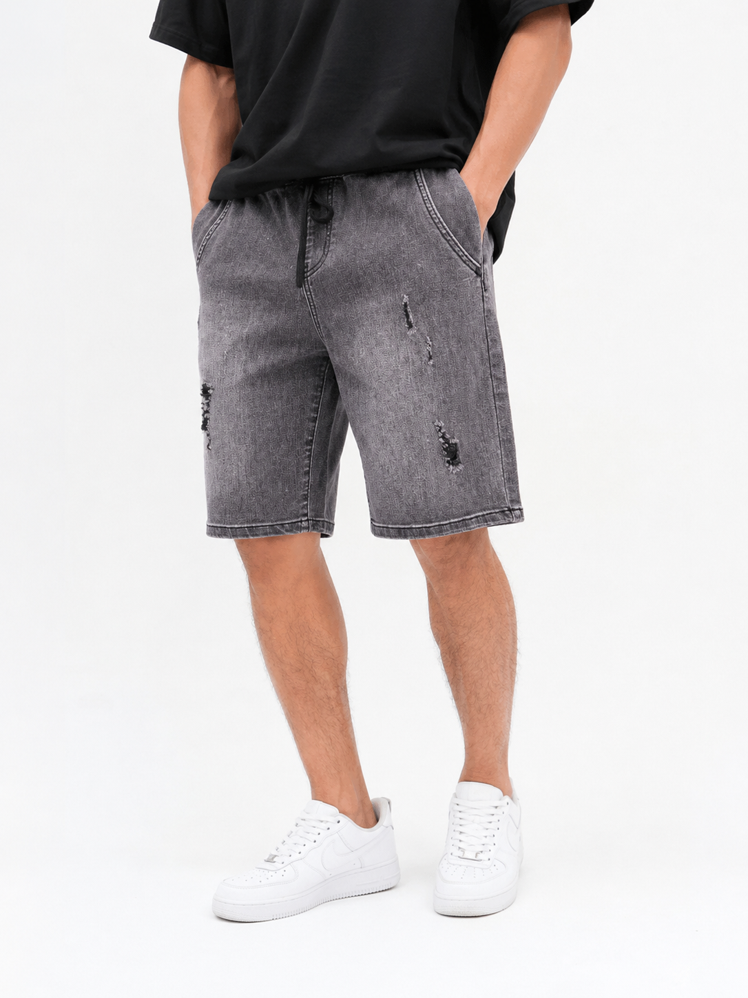 Washed Grey Denim Shorts with Drawstring