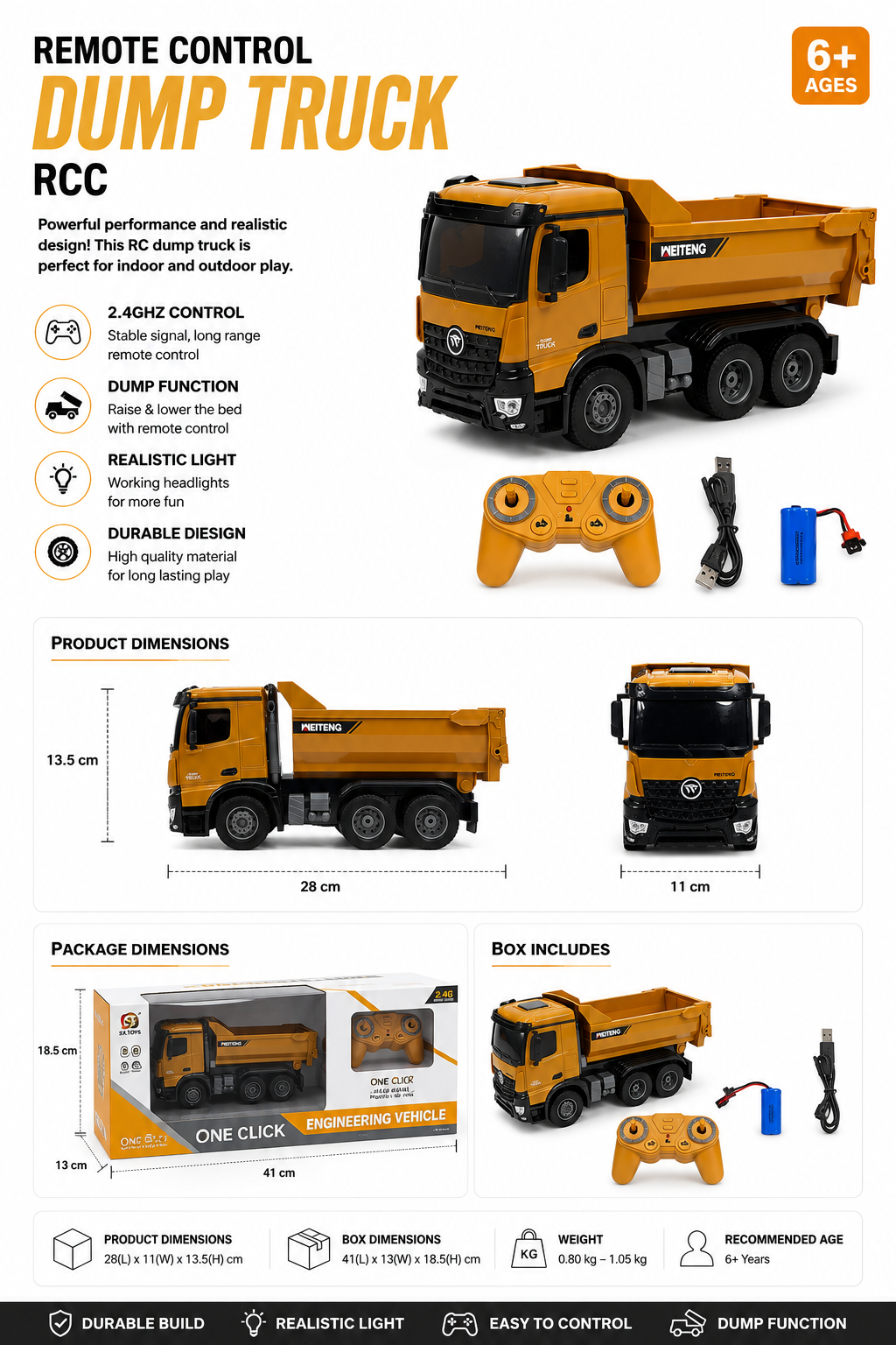 2.4GHz Remote Control Dump Truck with Working Dump Bed & Lights (6+)