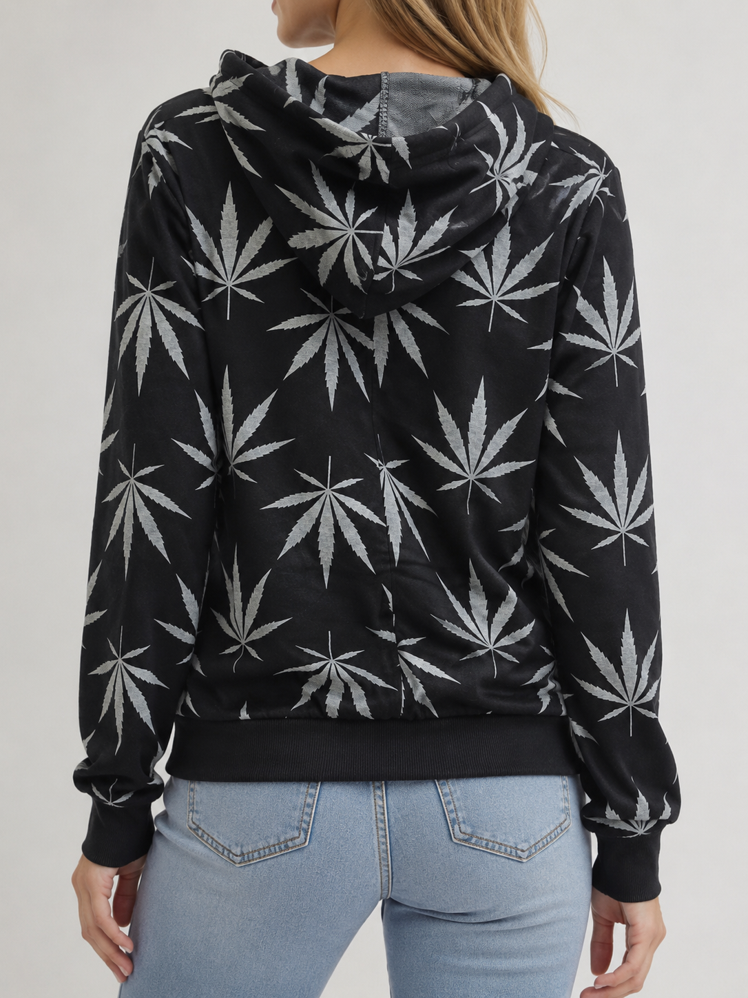 Ladies Leaf Print Zip-Up Hoodie – Black