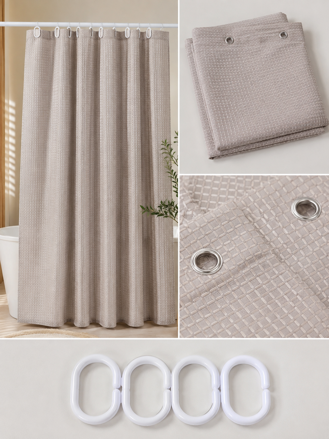 Water-Repellent Fabric Shower Curtain with 12 Hooks – 180 × 180 cm