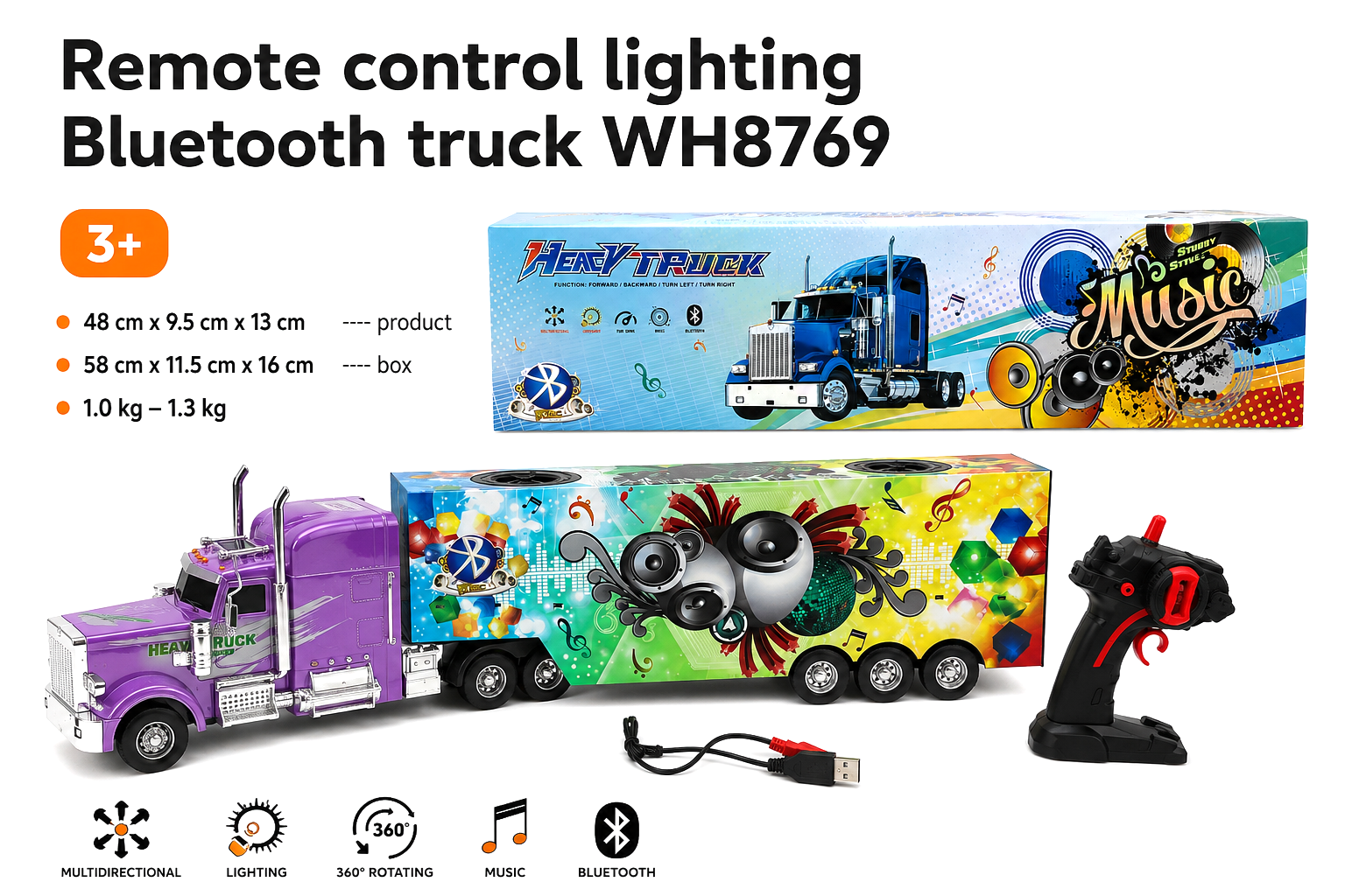 Remote Control Bluetooth Music Truck WH8769 with LED Lights | 2.4GHz RC Trailer (3+)