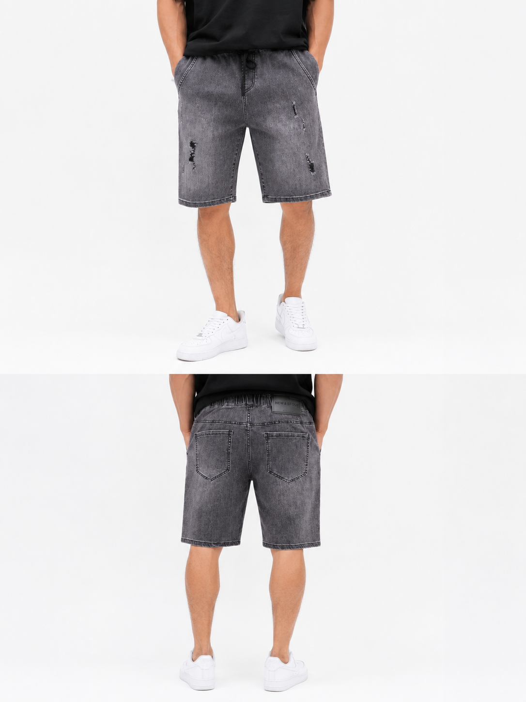 Washed Grey Denim Shorts with Drawstring