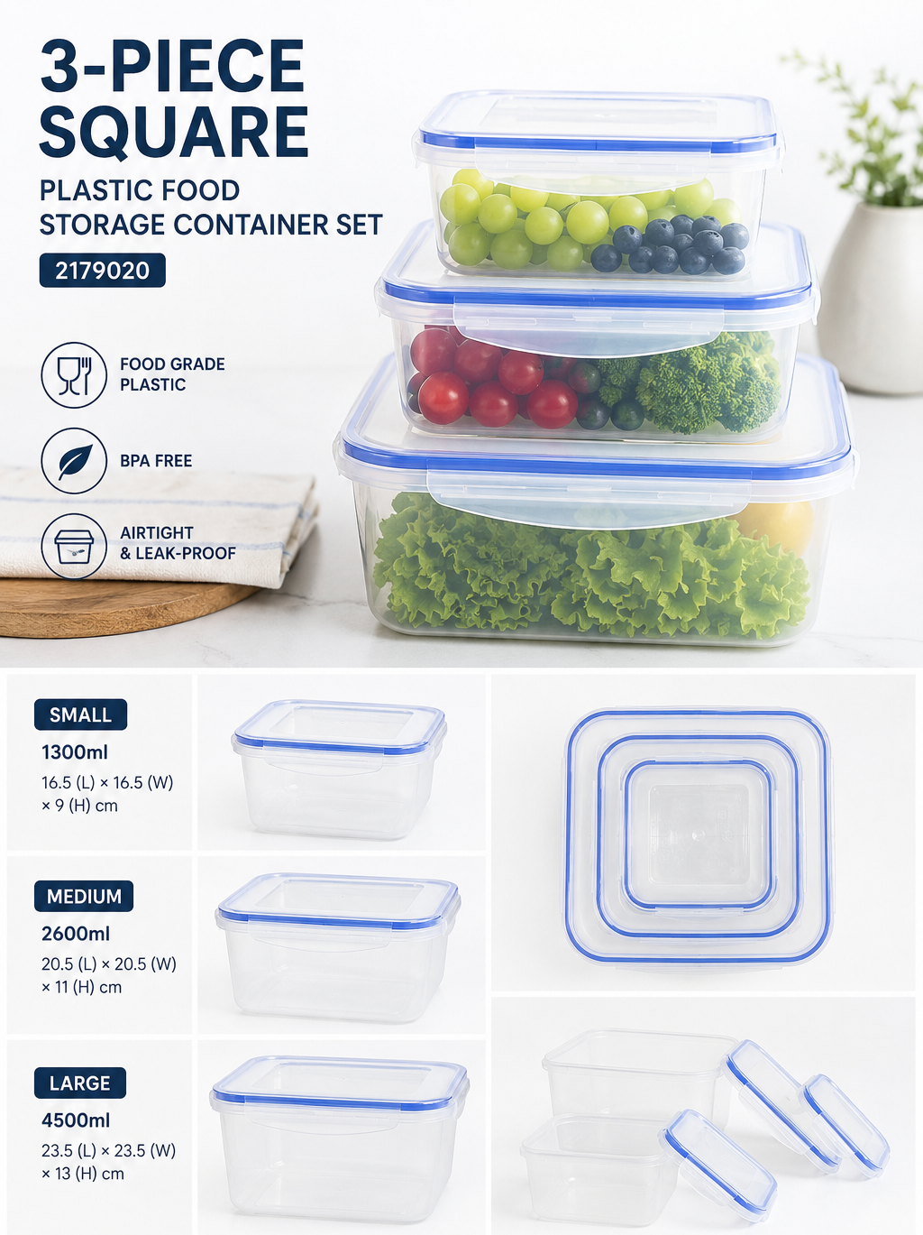 3-Piece Square Plastic Food Storage Container Set – 2179020