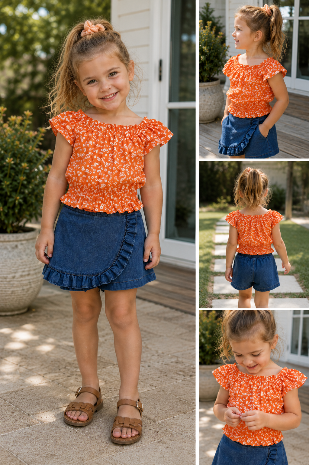 Girls' Floral & Orange Top & Denim Skort Set | Toddler Outfit | T2–T4