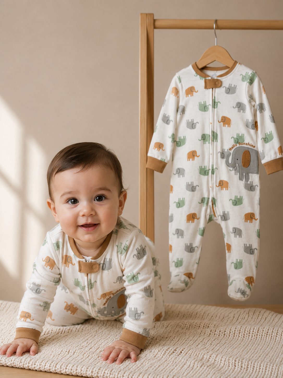Baby Long Sleeve Footed Onesie – Brown | 0–9 Months