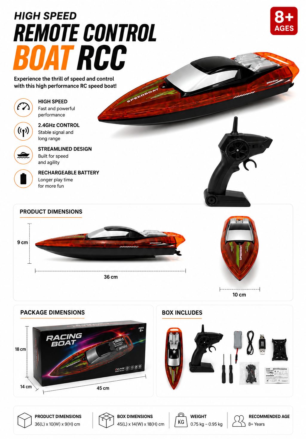 High-Speed 2.4GHz Remote Control Racing Boat | RC Speedboat (8+)