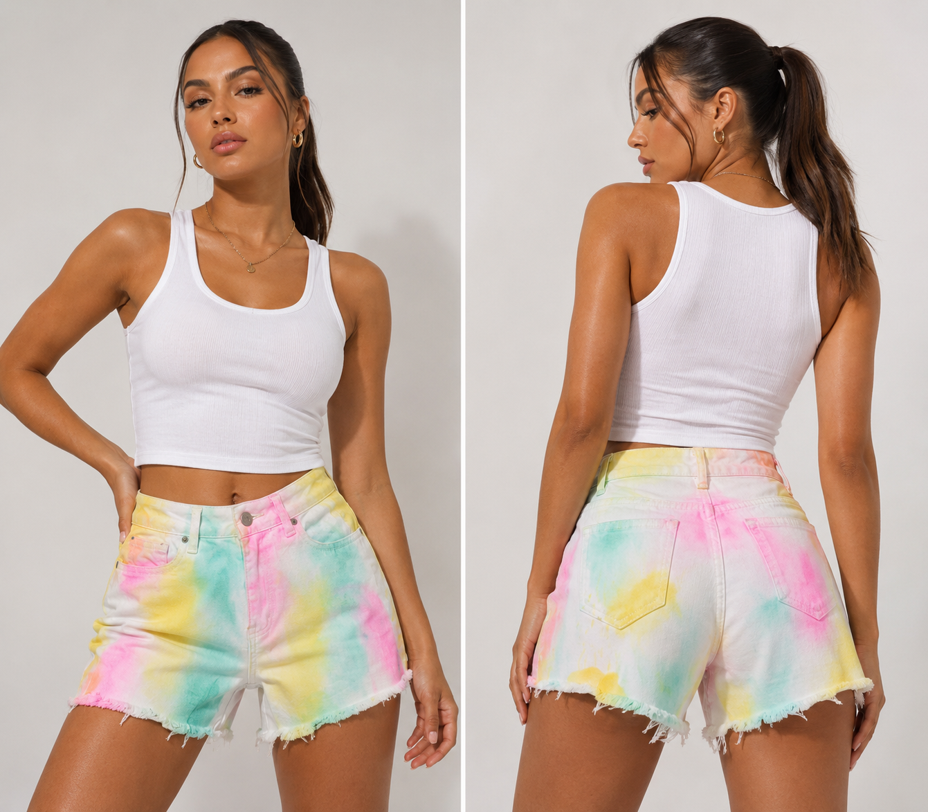 High-Waist Multicolor Tie-Dye Denim Shorts