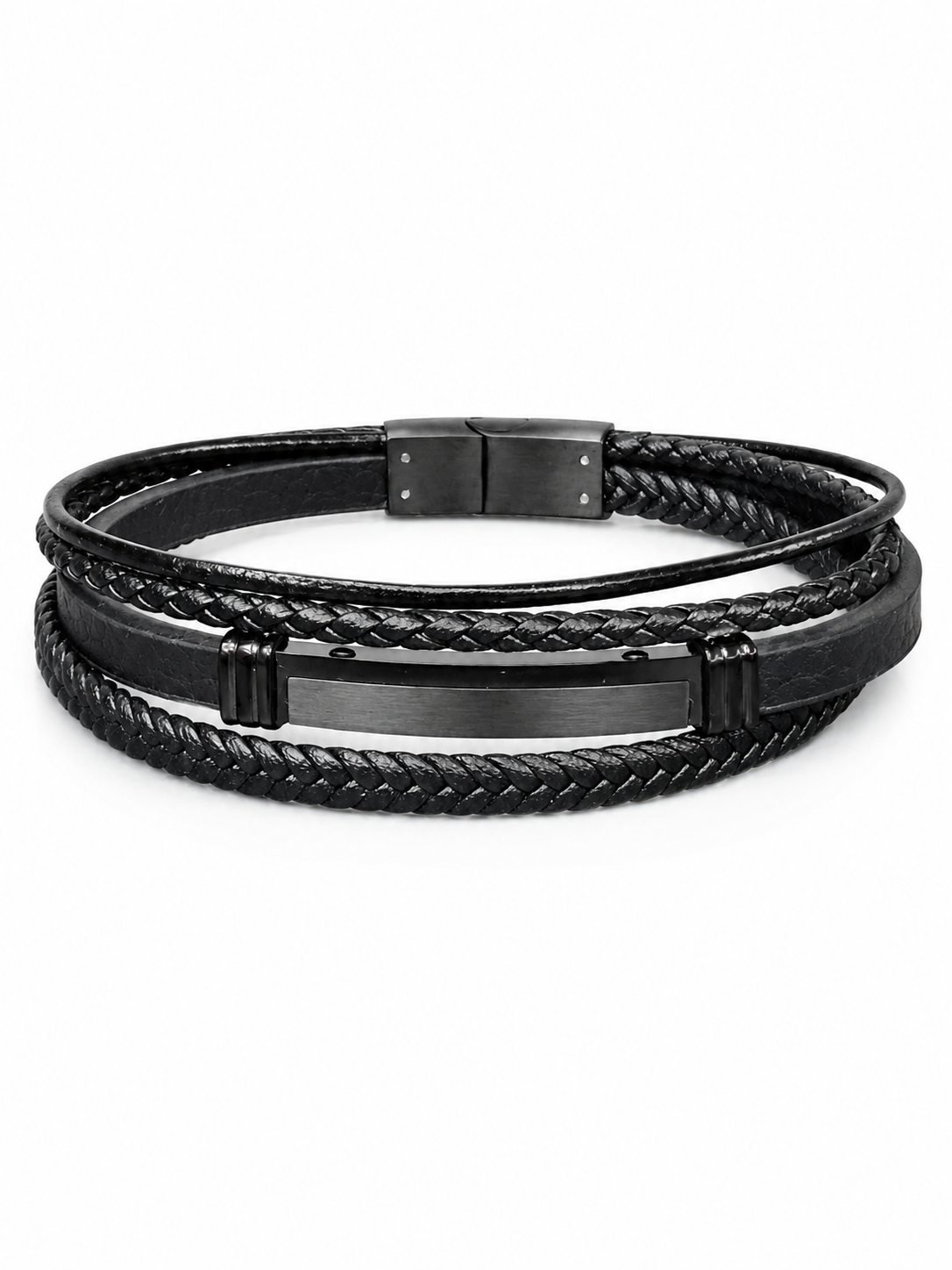 Men's Layered Leather Bracelet with Gunmetal Bar