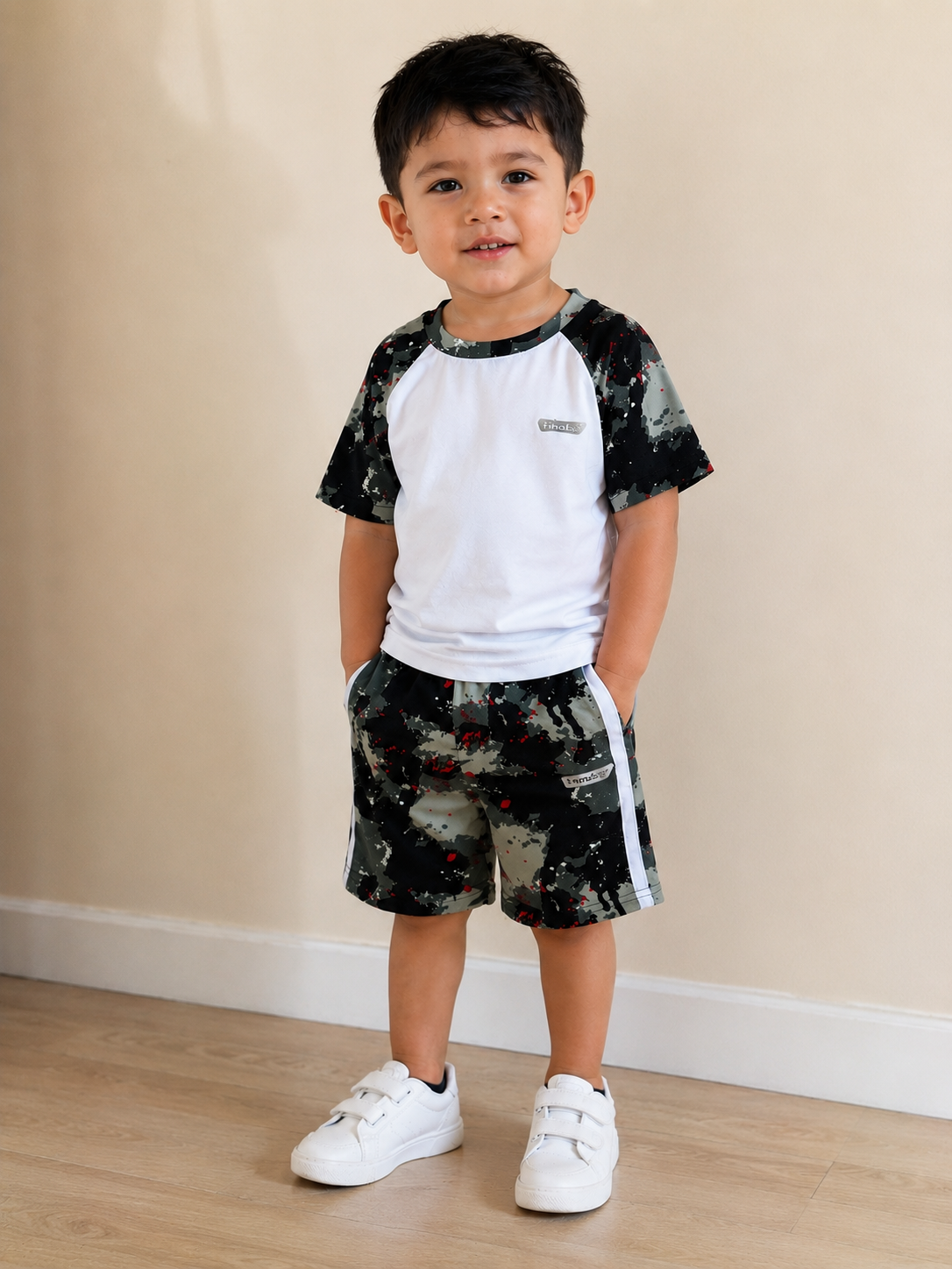 Boys Camo Sports Set | White Raglan T-Shirt & Matching Shorts | 2T–4T