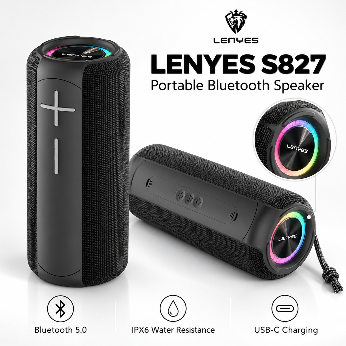 LENYES S827 Portable Bluetooth Speaker – Black