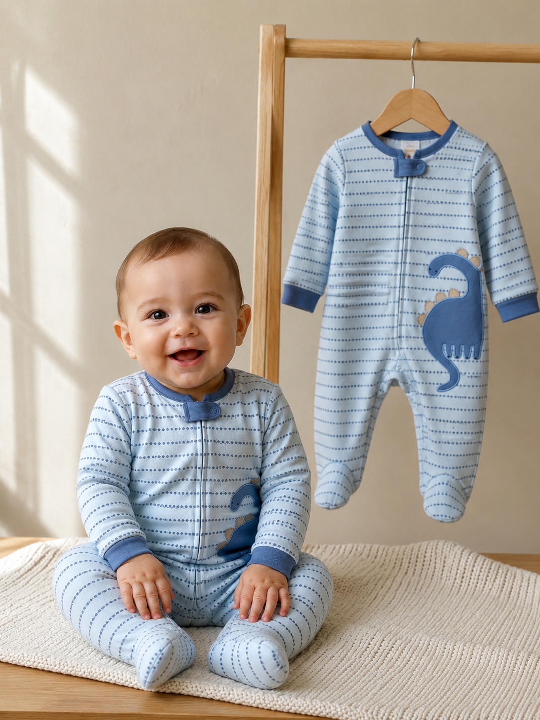 Baby Long Sleeve Footed Onesie – Blue | 0–9 Months