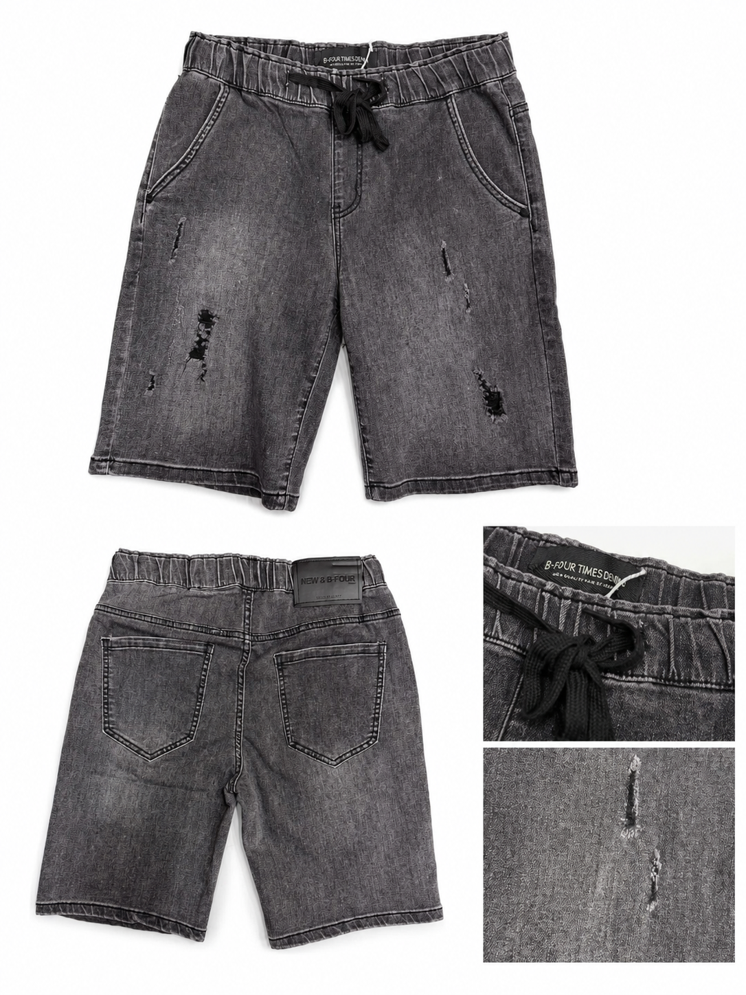 Washed Grey Denim Shorts with Drawstring