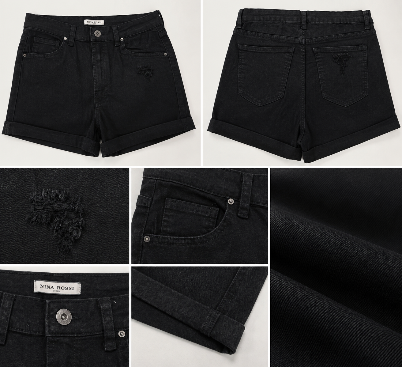 High Rise Black Denim Shorts | Rolled Hem Stretch Shorts